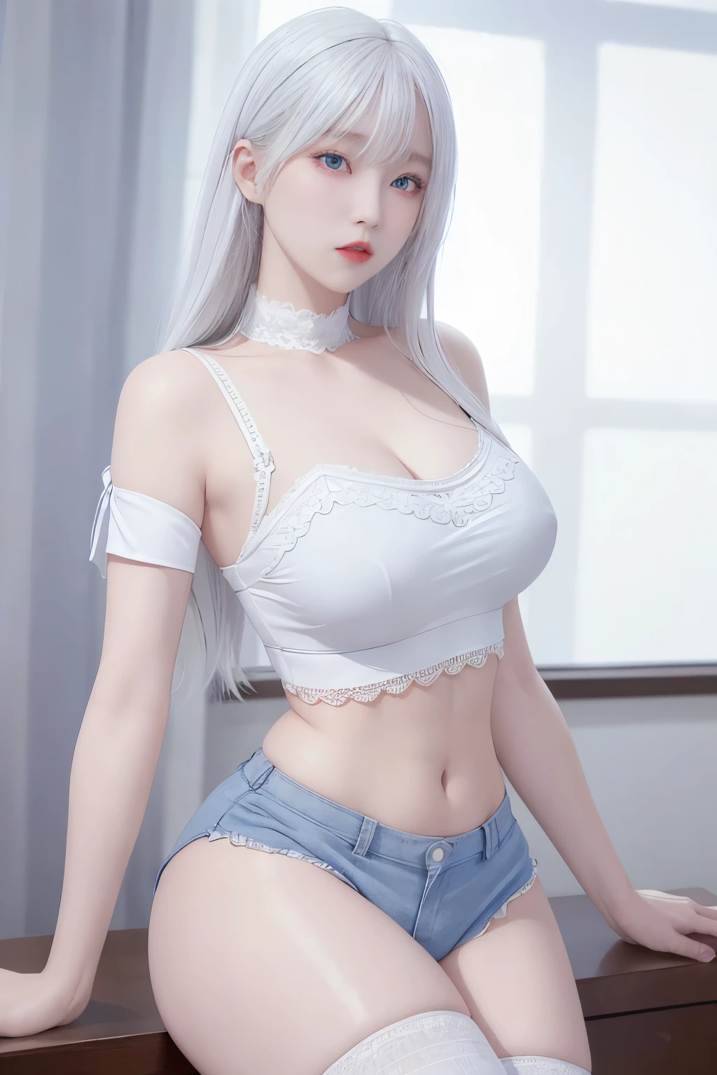 photorealistic, high resolution, 1 girl, white hair, korean, blue eyes, white sexy lace shirt, lace skimpy tight black shorts, thick thighs, lace crop top sexy