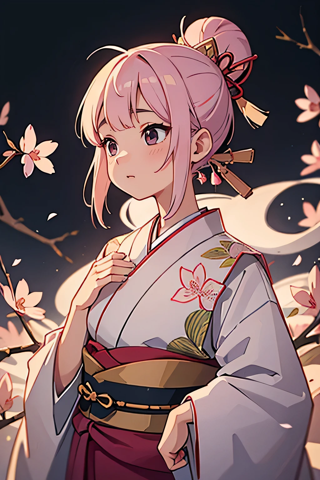 Surreal, Very detailed, High resolution 16K images, Beautiful female ghost or guardian spirit. She has pale pink hair and clear skin.., She is wearing a traditional Japanese kimono with a small cherry blossom pattern on the obi.。.。. This image captures the mystical beauty and mystery of the spirit world.。.。. This style is delicate, The gentle aesthetics of traditional Japanese art.