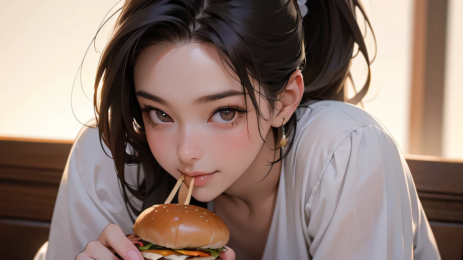 8k, highest quality, super high resolution, 1 woman, ponytail, 21 years old, , (with a girl), holding a hamburger in her hand, top-quality beautiful girl, outdoor, full body, mouth slightly open, realistic, Highly detailed CG integrated 8k wallpaper, Highly detailed, High resolution RAW color photography, Professional photography, Realistic portrait, Cinematic light, Beautiful and detailed female, 21 years old, (D cup:1.1) , (Highest quality: 1.4), Super detail, High quality, Table top, cityscape, ((Masterpiece)), Highest quality, Upper body, Japanese woman, 1 girl, Smile, Smiling (Masterpiece), (Highest quality ), (highly detailed), produces images of girls (masterpiece: 1.2, highest quality), (realistic, photorealistic: 1.4), beautiful illustrations, (natural side lighting, movie lighting), viewing attention, looking at the viewer, (best quality, high resolution, highly detailed), eating a hamburger, dark hair, ponytail, brown eyes, hamburger, lettuce, fruit, tomato, onion, bokeh background, depth of field, vegetables , cheese, table