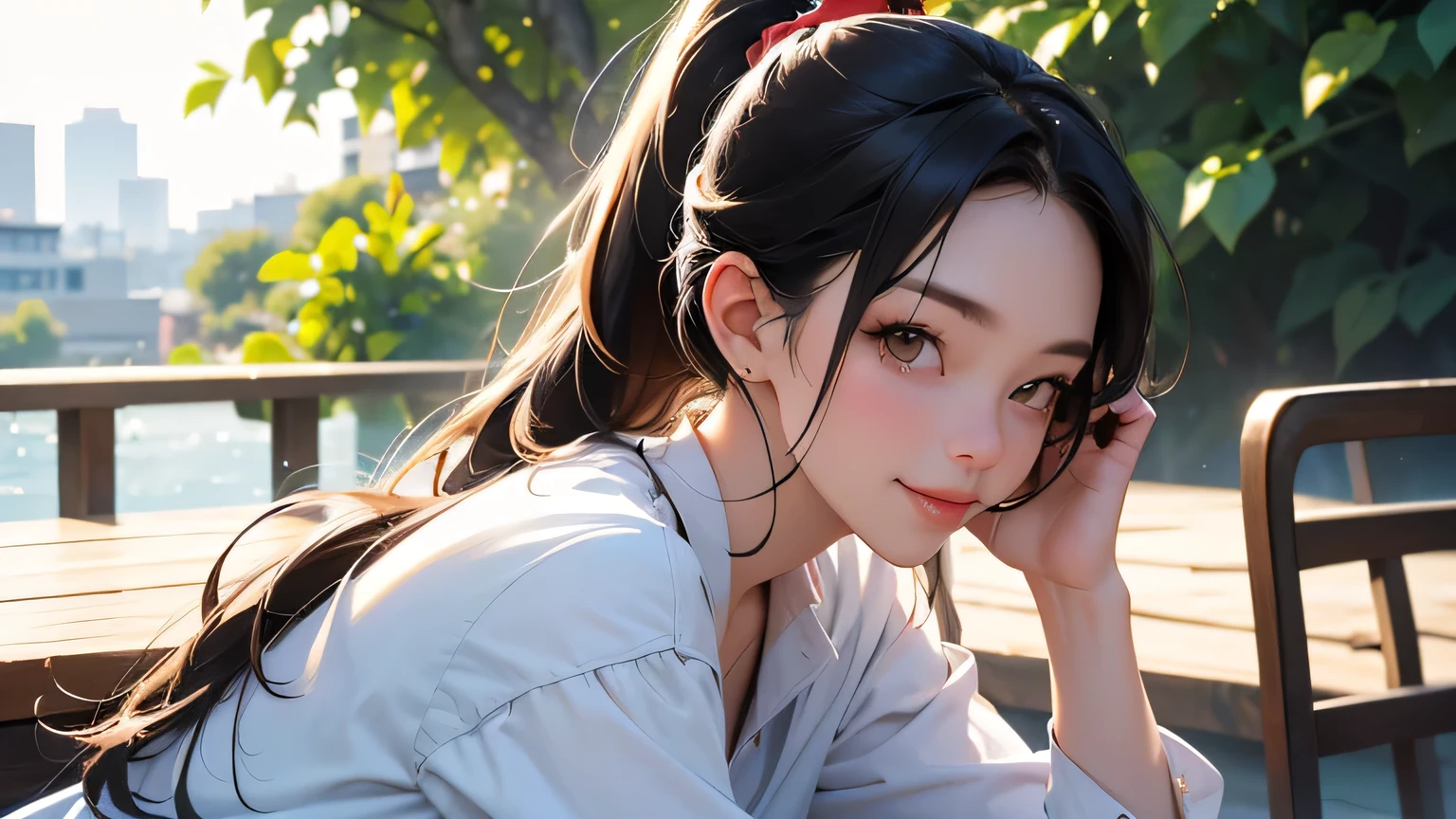 8k, highest quality, super high resolution, 1 woman, ponytail, 21 years old, E cup, (with a girl), holding a hamburger in hand, highest quality beautiful girl, outdoor, full body, mouth slightly open, realistic , Highly detailed CG integrated 8K wallpaper, Highly detailed, High resolution RAW color photography, Professional photography, Realistic portrait, Cinematic light, Beautiful and detailed female, 21 years old, (D cup:1.1 ), (Best quality: 1.4), Super detail, High quality, Table top, cityscape, ((Masterpiece)), Best quality, Upper body, Japanese woman, 1 girl, Smile, Smile (Masterpiece), (Best quality), (highly detailed), produces images of girls (masterpiece: 1.2, highest quality), (realistic, photorealistic: 1.4), beautiful illustrations, (natural side lighting, movie lighting), Viewer Attention, View Viewer, (Best Quality, High Resolution, Highly Detailed), Eating a Hamburger, Black Hair, Ponytail, Brown Eyes, Hamburger, Lettuce, Fruit, Tomato, Onion, Bokeh Background, Depth of Field, vegetables, cheese, table