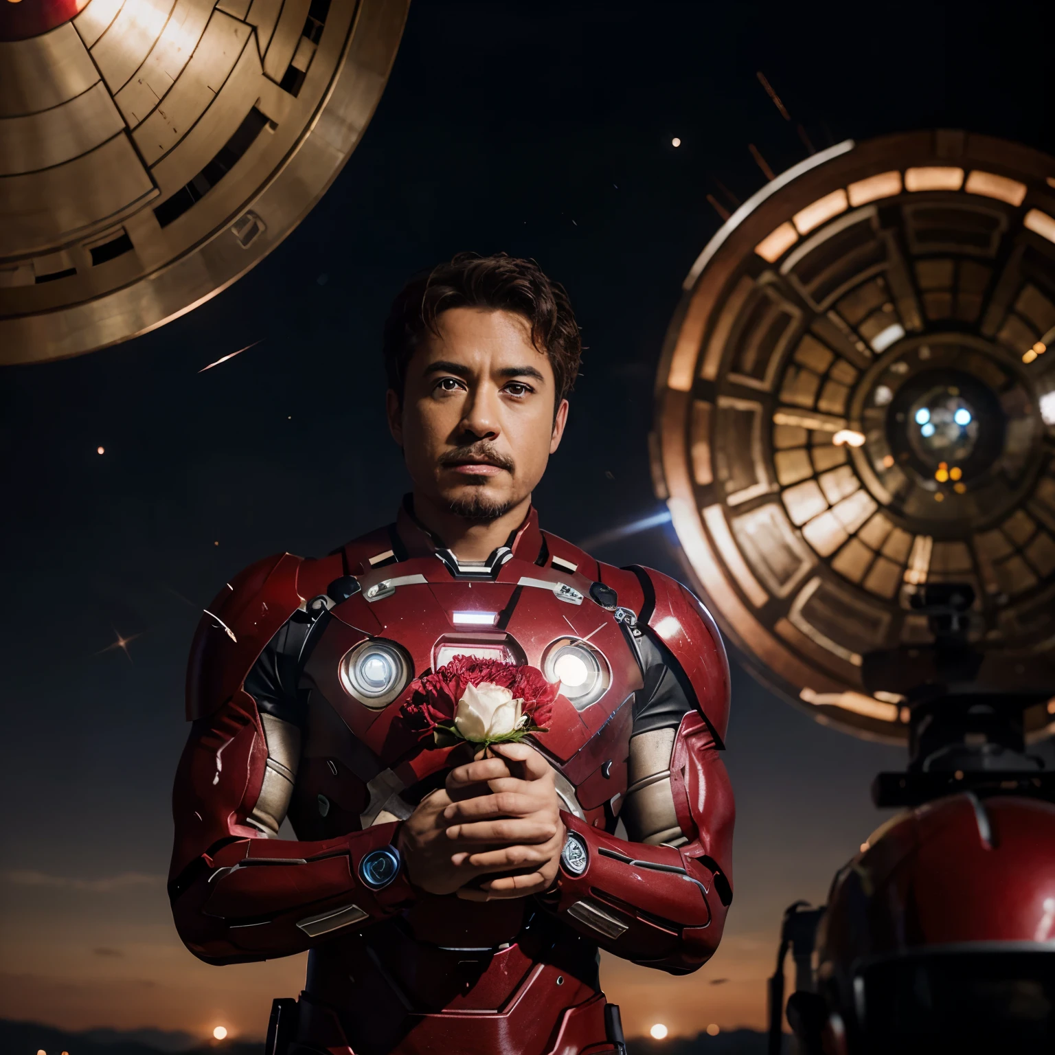 Ironman holding a rose flower with universe in background