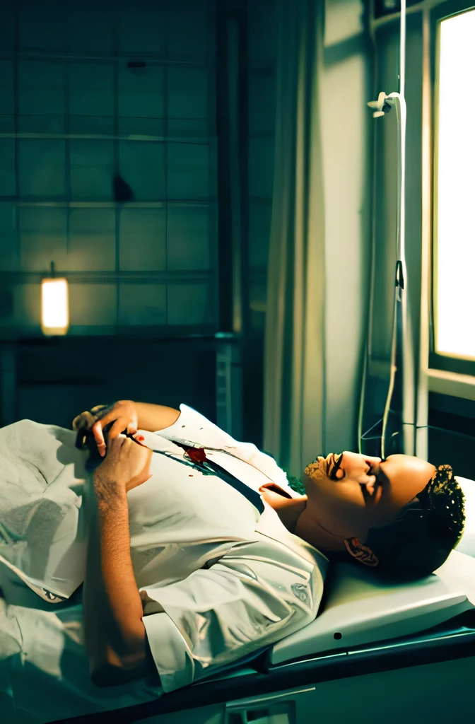 A man lying on a bed having his blood taken、Laboratory、Dim atmosphere、Bird's-eye view