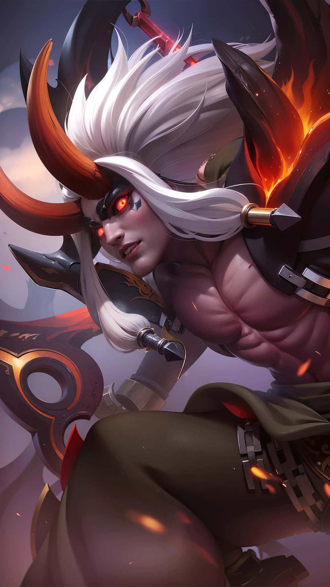 a man with a sword in her hand, Masterpiece, ultra HD, detailed all picture, a close up of a devil, dyrroth from mobile legend, evil, extremely detailed artgerm, mobile legends character, inspired by Dyrroth, Six pack chest and abs, black jewel above the chest, light red eyes, glare.