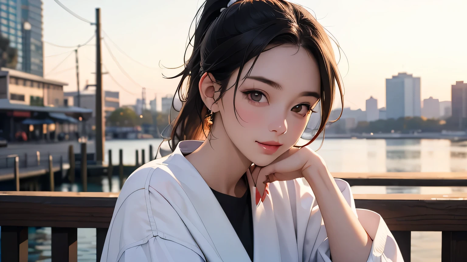8k, highest quality, super high resolution, 1 woman, ponytail, 21 years old, E cup, (with a girl), holding a hamburger in hand, highest quality beautiful girl, outdoor, full body, mouth slightly open, realistic , Highly detailed CG integrated 8K wallpaper, Highly detailed, High resolution RAW color photography, Professional photography, Realistic portrait, Cinematic light, Beautiful and detailed female, 21 years old, (D cup:1.1 ), (Highest quality: 1.4), Super detail, High quality, , City scenery, ((Masterpiece)), Highest quality, Upper body, Japanese woman, 1 girl, Smile, Smile (Masterpiece), (Highest quality) , (highly detailed), produces images of girls (masterpiece: 1.2, highest quality), (realistic, photorealistic: 1.4), beautiful illustrations, (natural side lighting, movie lighting), viewing with caution , View Viewer, (Best Quality, High Resolution, Highly Detailed), Eating a Hamburger, Black Hair, Ponytail, Brown Eyes, Hamburger, , Bokeh Background, Depth of Field, , Table
