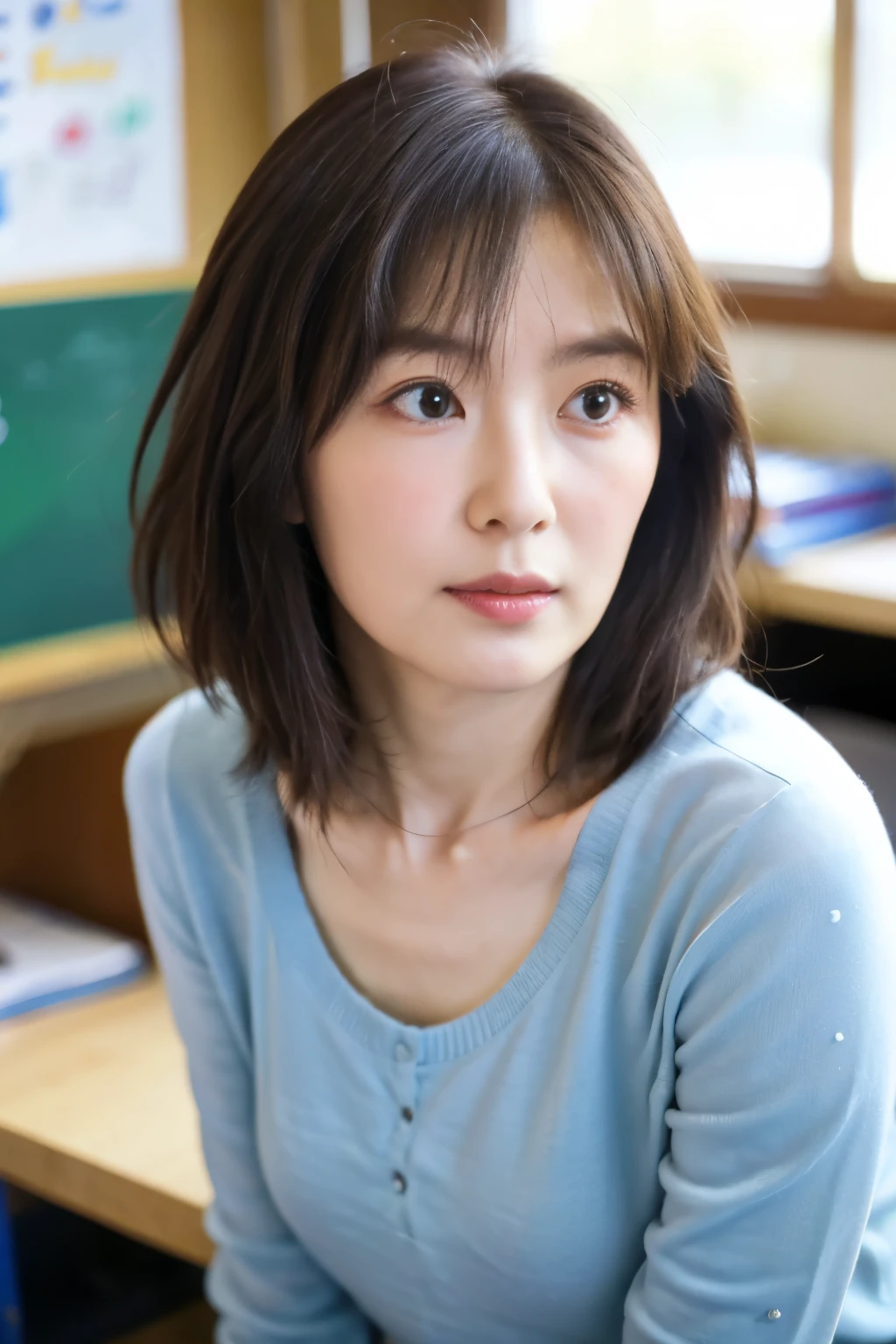 masterpiece, highest quality, Very detailed, Realistic, One Mature Woman, 38 years old, , classroom, Very detailedな顔, Short Hair, I read a book