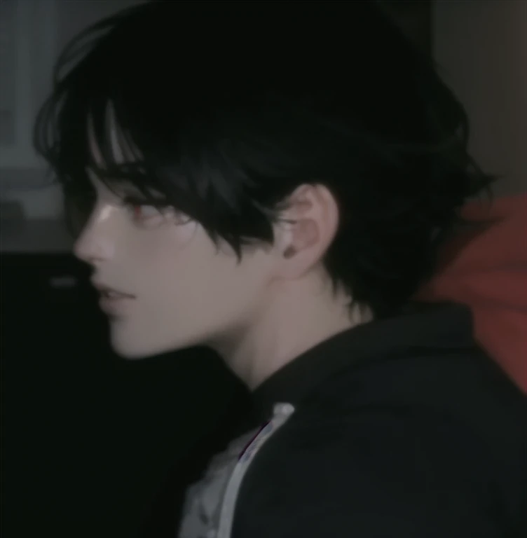 boy, long hair sticking out to the sides, mole on face, Red eyes, leather jacket