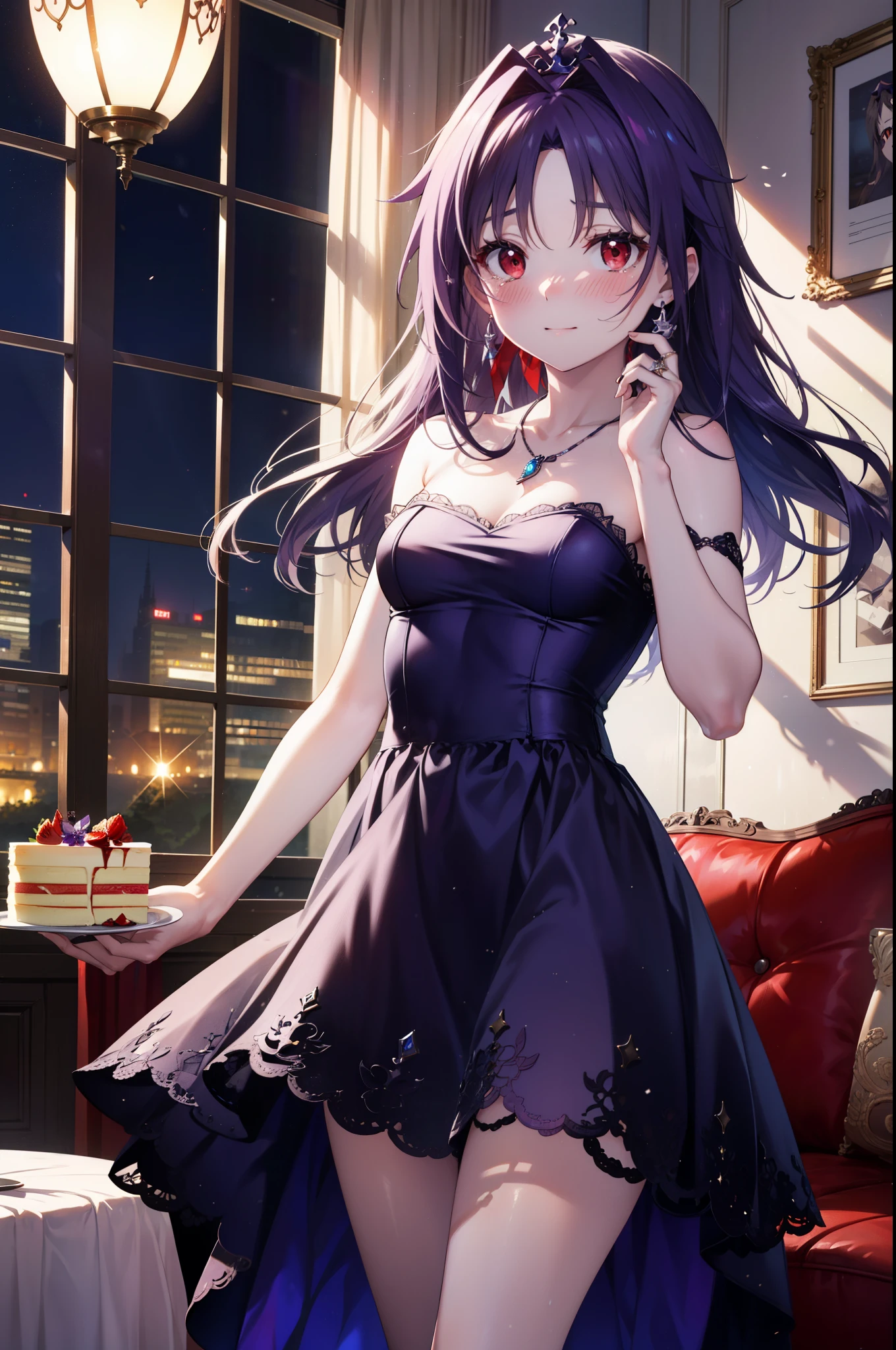 yuukikonno, Konno Yuuki,Long Hair, tiara,Pointed Ears, Purple Hair, (Red eyes:1.5), (Small breasts:1.2), smile,Purple Dress,Purple Long Skirt,Purple stiletto heels,Sleeveless,Expose your shoulders,Bare arms,Bare neck,bare clavicle,She is wearing a wedding ring on the ring finger of her left hand.,Heart Necklace,Tears stream down her face,Tears of joy,I cry a lot,There is a cake on the table,There is a box with a ribbon on it on the sofa.,ロマンチックなroom,Romantic night view,moonlight,
break inoors, room,Party Venue,
break looking at viewer, (Cowboy Shot:1.5),
break (masterpiece:1.2), highest quality, High resolution, unity 8k wallpaper, (shape:0.8), (Beautiful details:1.6), Highly detailed face, Perfect lighting, Extremely detailed CG, (Perfect hands, Perfect Anatomy),