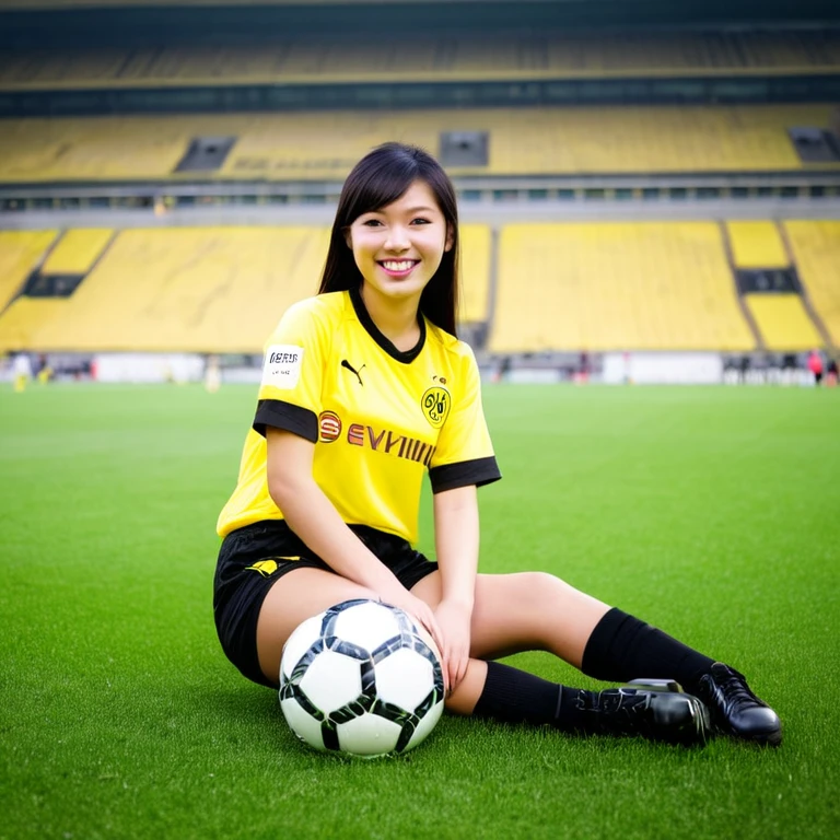 young Asian girl 20 yrs old. beautiful wearing((Jersey )) football shirt from the Borussia Dortmund football club with yellow and black stripes & wearing short training trousers. Smiling. long black brown hair. sitting pose holding the ball, in a magnificent stadium.