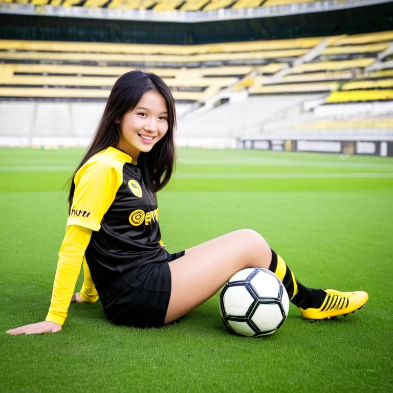 young Asian girl 20 yrs old. beautiful wearing((Jersey )) football shirt from the Borussia Dortmund football club with yellow and black stripes & wearing short training trousers. Smiling. long black brown hair. sitting pose holding the ball, in a magnificent stadium.
