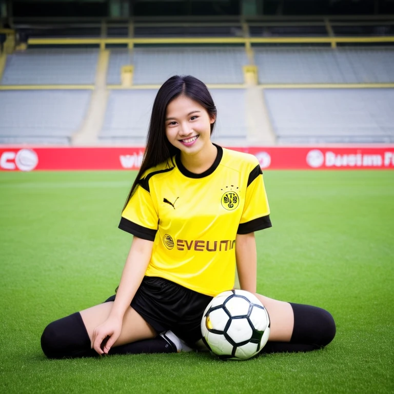 young Asian girl 20 yrs old. beautiful wearing((Jersey )) football shirt from the Borussia Dortmund football club with yellow and black stripes & wearing short training trousers. Smiling. long black brown hair. sitting pose holding the ball, in a magnificent stadium.