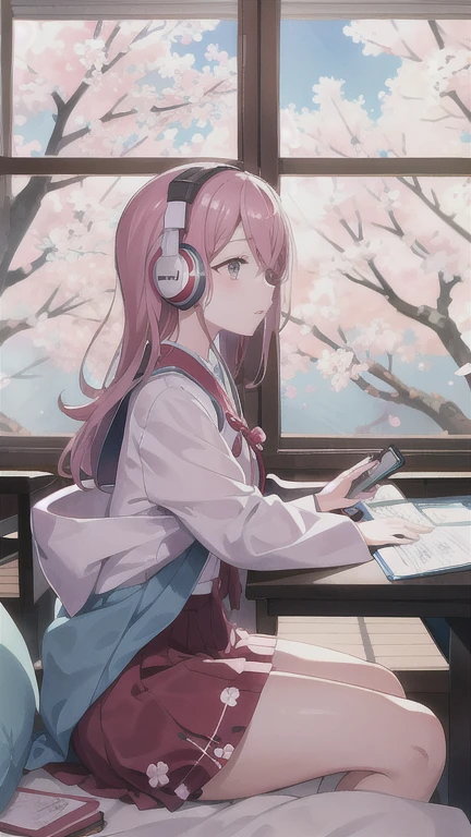A beautiful girl studying in her room while listening to music with headphones、Outside the warmly lit room, cherry blossoms are blowing wildly.、Japanese anime style