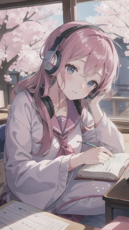 A beautiful girl studying in her room while listening to music with headphones、Outside the warmly lit room, cherry blossoms are blowing wildly.、Japanese anime style