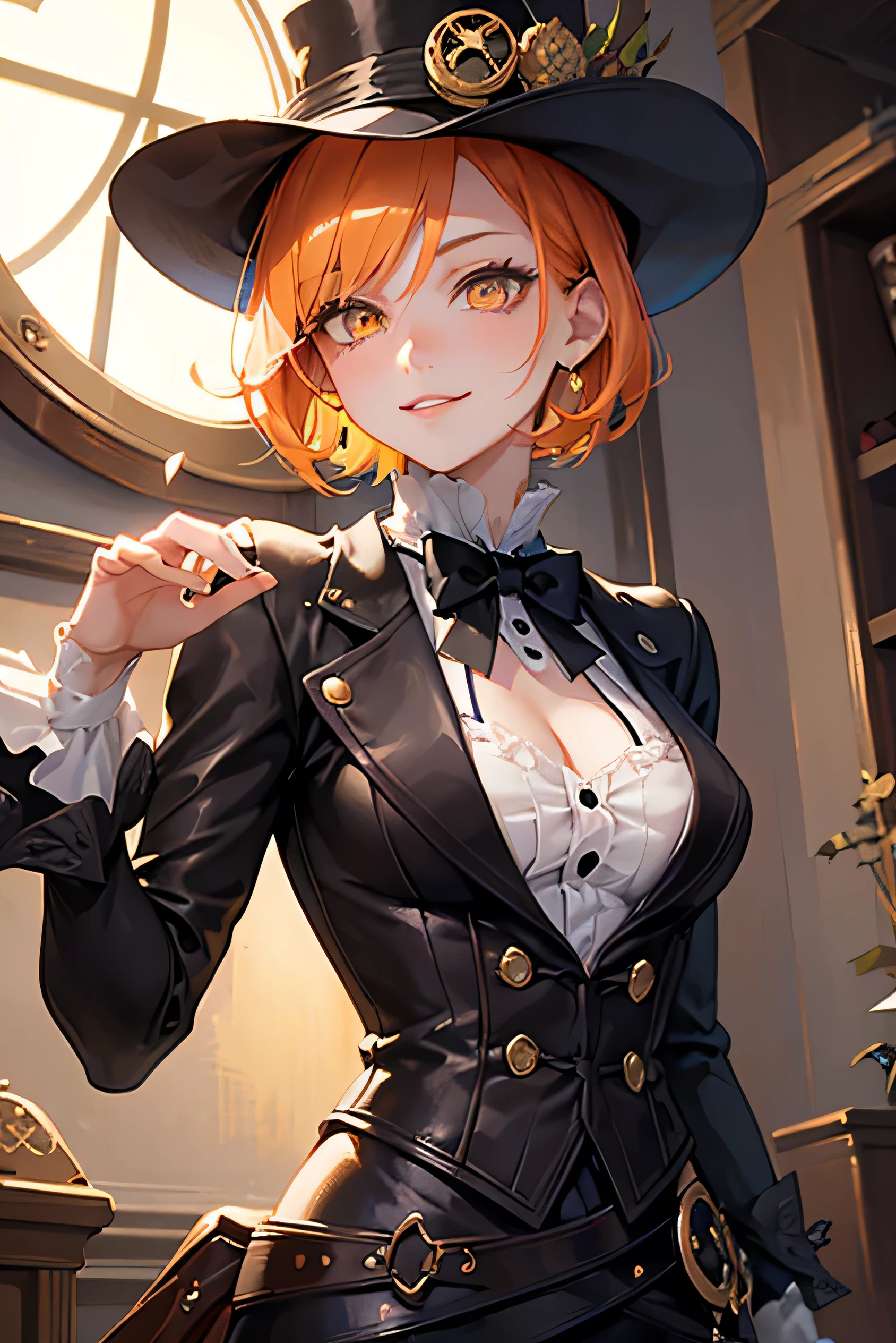 masterpiece, highest quality, so beautiful、Latest、girl, Orange Hair, short hair, Yellow Eyes、Wicked Smile、Wicked Smile,Shining Eyes、Super cool adult woman in monochrome British aristocrat fantasy costume、Combat pose、Close-up of face、Decoration、Be confident々、hat、steampunk、Black Butler、Sebastian Michaelis、Looking up、cool、Moonlit Night