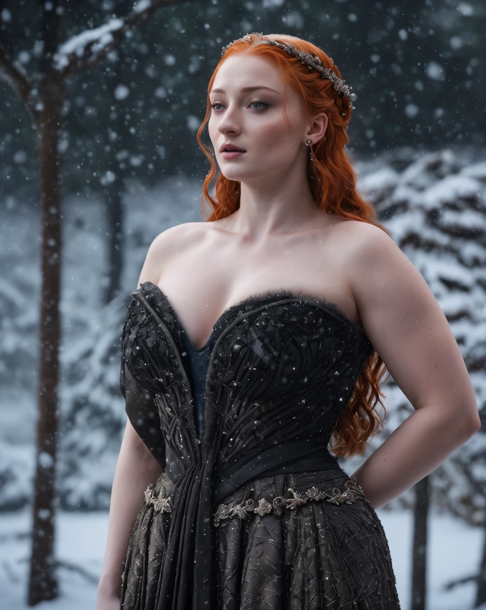 Face of Sophie Turner, Sansa Stark played by Sophie Turner, the de facto Lady of the Eyrie, is a 40-year-old mature queen with a stunning, alluring appearance. Full Face, pierced eyes, reddish lips, upper body shot, erotic Mediaeval costumes, game of thrones costumes, She wears a Game of Thrones-inspired costume and has a deep cleavage, a perfect thick body, and a perfect thick figure. The photograph captures her in a close-up, with her skin texture and facial features being ultra-realistic and realistic. Juicy thick figure, high quality skin, Skin pores, amazing details, snow, snow flakes, semi realistic, extremely detailed eyes, dark moody orange and black settings, cool environment, artificial intelligence, winter, winter scene,