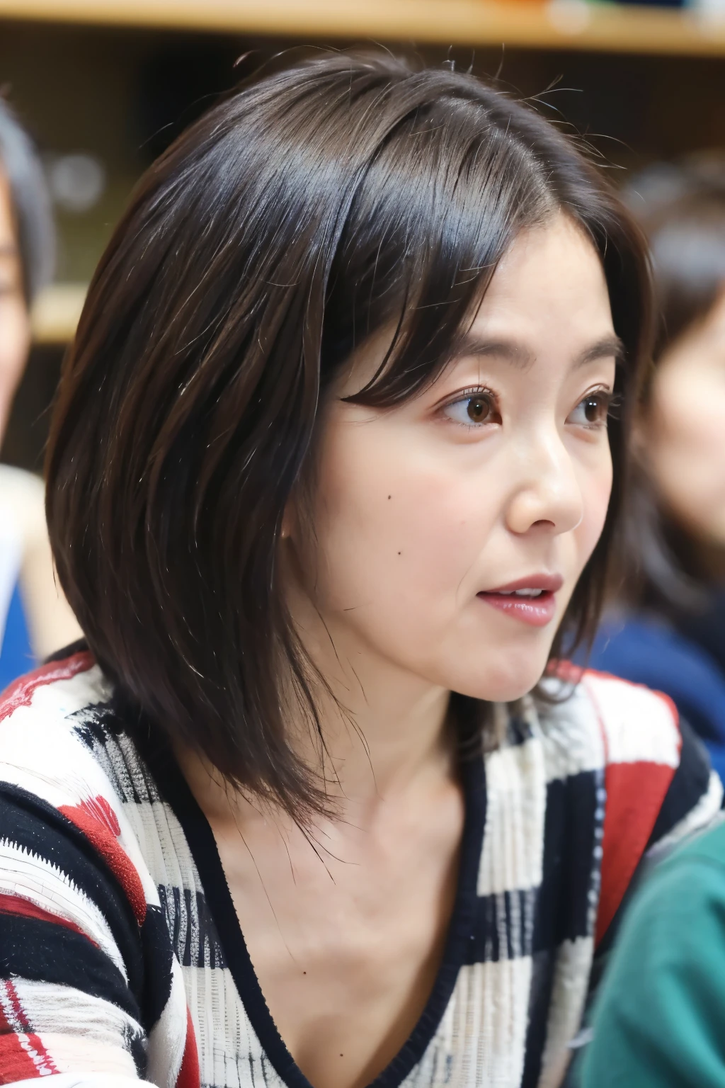 masterpiece, highest quality, Very detailed, Realistic, One Mature Woman, 38 years old, , classroom, Very detailedな顔, Short Hair, reading