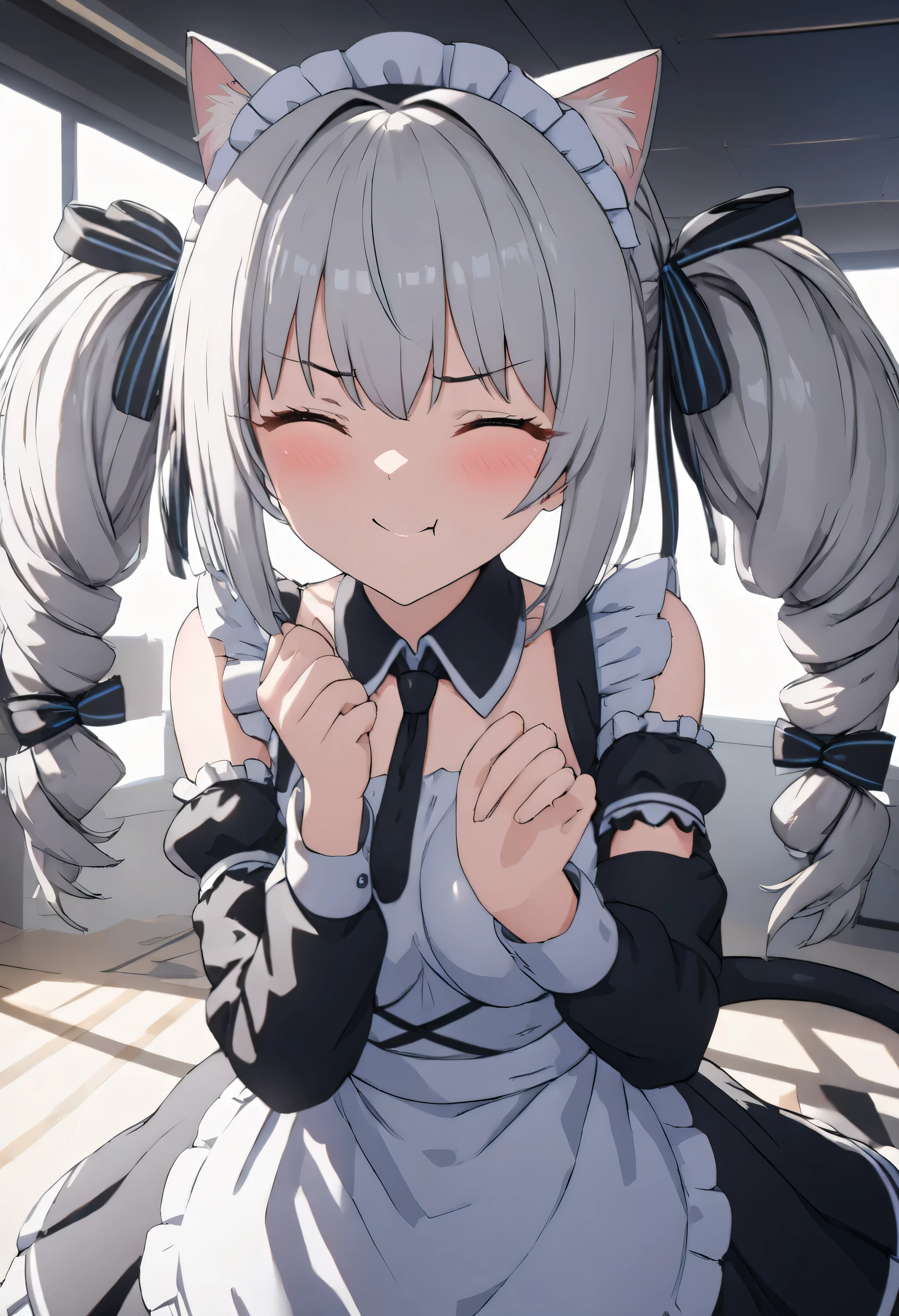 (((best quality ultra-detailed,unity 8k))),1 girl,pout,smile,close eye,,Shiny Hair,(((twin drill:1.3))),silver hair,(cat ear classical maid),maid Cafe、