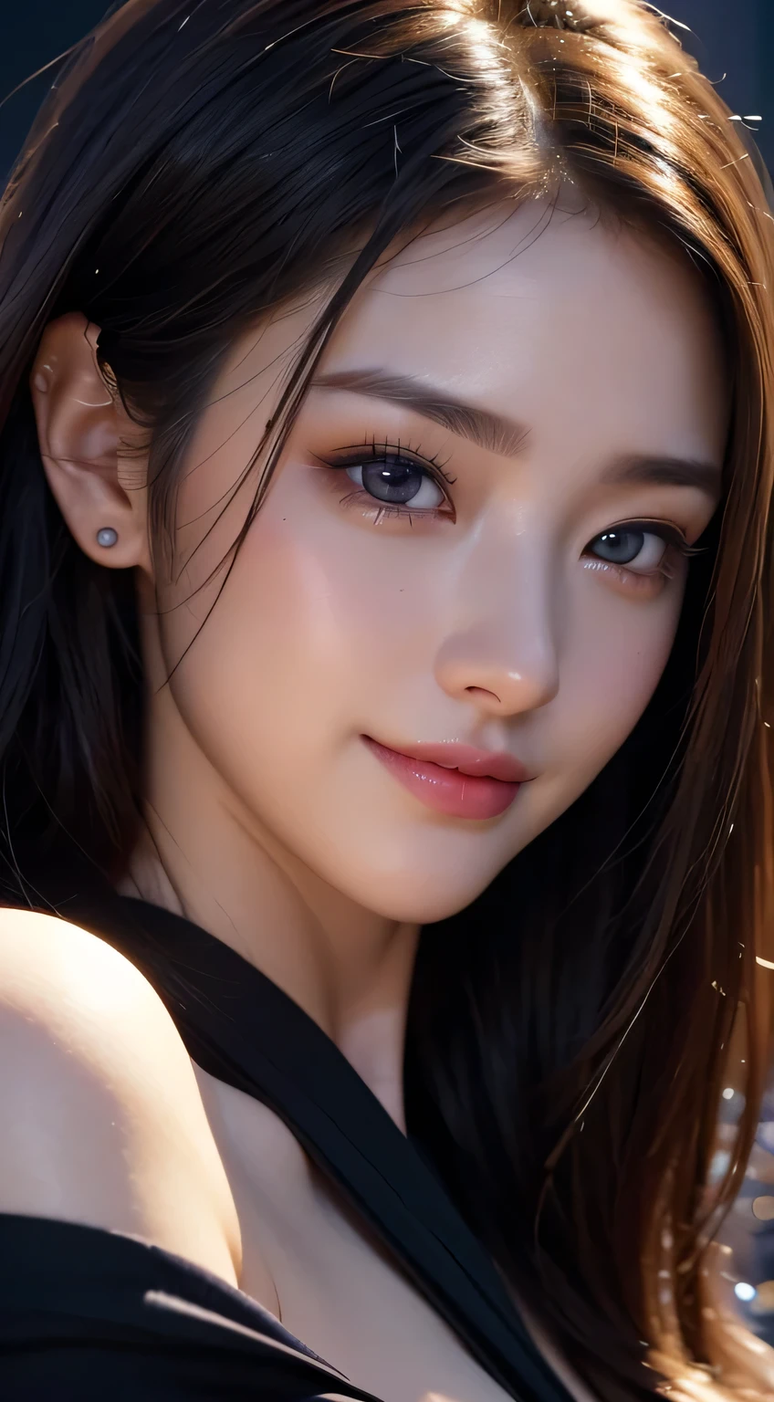 Beautiful woman in kimono,body portrait、8k,fine and beautiful eyes,Dindal effect、masterpiece, 最high quality, high quality, High resolution、very detailed photos、(natural skin texture、fine skin、hyper realism、Super sharpness)、high detail skin、(very detailed、fine skin texture、intricate details、beautiful face、(lifelike face)、realistic eyes、beautiful and detailed eyes、real looking skin、beautiful skin、surreal、very detailed、golden ratio、with smiling eyes、((night moonlight background))、body portrait、G cup、big breasts,glamorous,shiny bodysuit