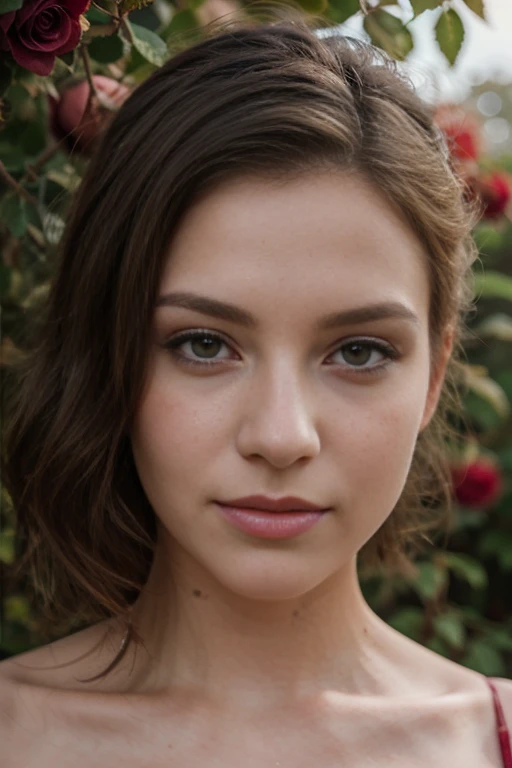 a woman, 25 year old, delicate, cheveux de longueur moyenne, cheveux bruns, skin details, pores de la peau, éclairé par les flashs des photographes, posing, photoshoot, inside a huge bushes of red roses, pink lingery