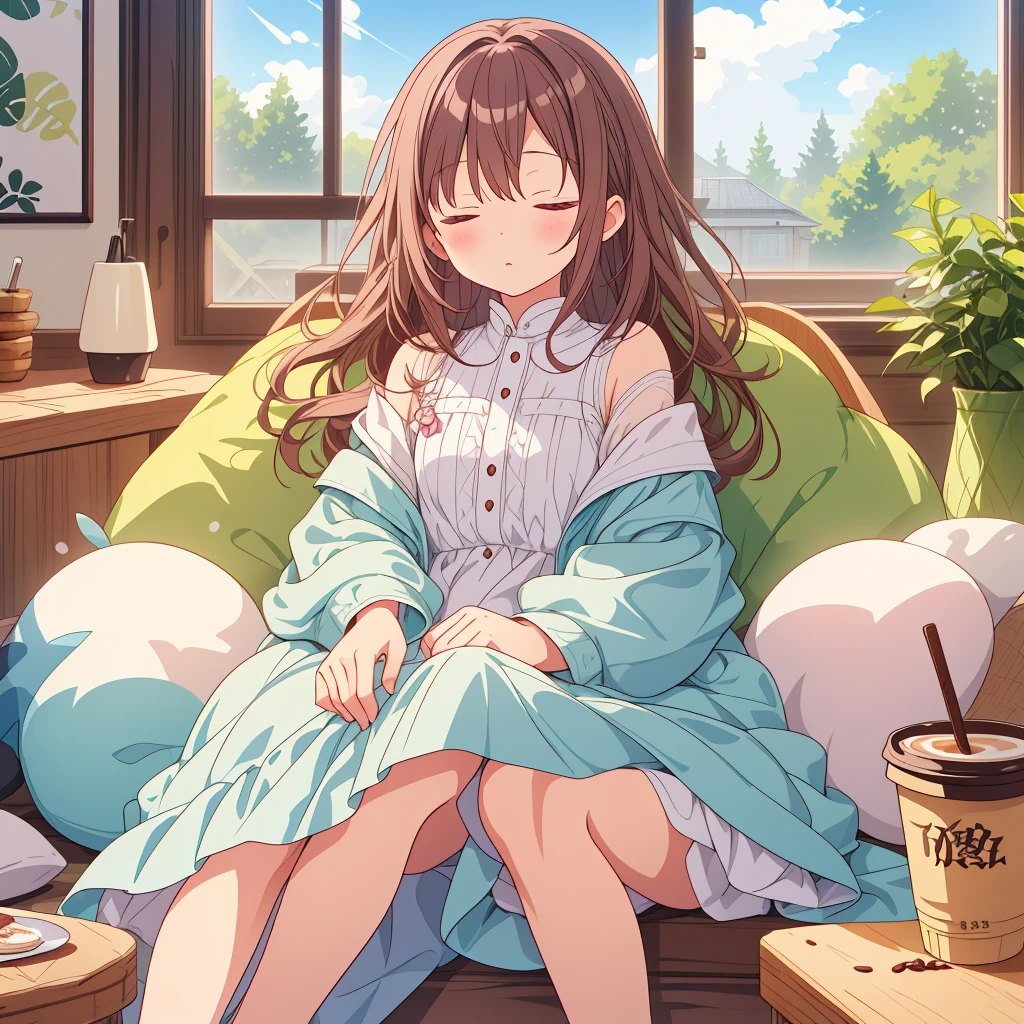Little fairy、Living in a coffee cup、highest quality、Masterpiece、Official Art、16k、super beautiful、Super detailed、Ultra-fine、Disorganized、A warm and cozy world of pastel colors、Cute and fluffy、Chibi sleeping in a coffee cup、I close my eyes and doze off.、