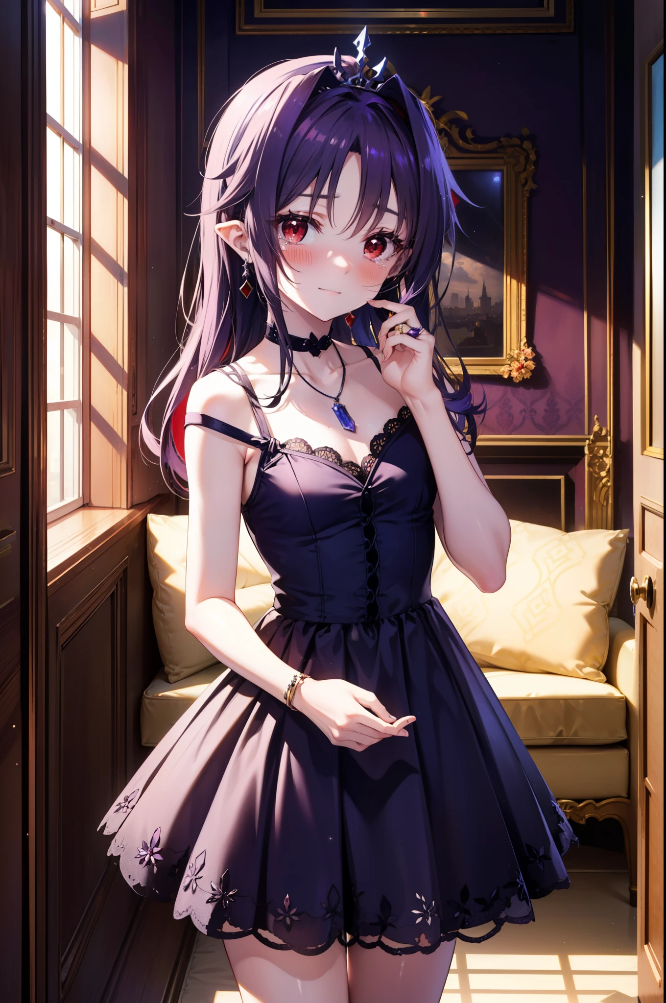 yuukikonno, Konno Yuuki,Long Hair, tiara,Pointed Ears, Purple Hair, (Red eyes:1.5), (Small breasts:1.2), smile,Purple Dress,Purple Long Skirt,Purple stiletto heels,Sleeveless,Expose your shoulders,Bare arms,Bare neck,bare clavicle,She is wearing a wedding ring on the ring finger of her left hand.,Heart Necklace,Tears stream down her face,Tears of joy,I cry a lot,There is a cake on the table,There is a box with a ribbon on it on the sofa.,ロマンチックなroom,Romantic night view,moonlight,
break inoors, room,Party Venue,
break looking at viewer, (Cowboy Shot:1.5),
break (masterpiece:1.2), highest quality, High resolution, unity 8k wallpaper, (shape:0.8), (Beautiful details:1.6), Highly detailed face, Perfect lighting, Extremely detailed CG, (Perfect hands, Perfect Anatomy),