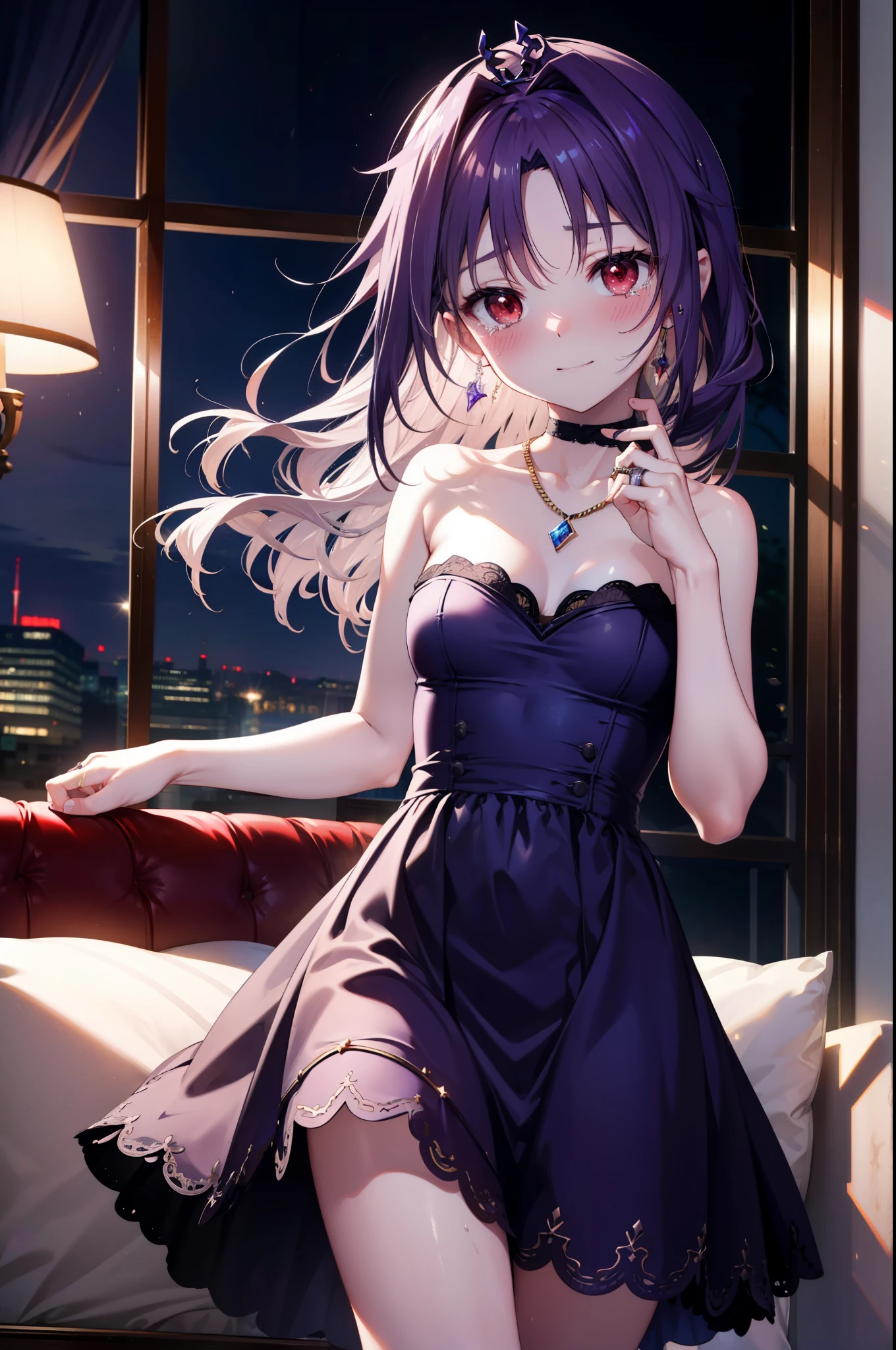 yuukikonno, Konno Yuuki,Long Hair, tiara,Pointed Ears, Purple Hair, (Red eyes:1.5), (Small breasts:1.2), smile,Purple Dress,Purple Long Skirt,Purple stiletto heels,Sleeveless,Expose your shoulders,Bare arms,Bare neck,bare clavicle,She is wearing a wedding ring on the ring finger of her left hand.,Heart Necklace,Tears stream down her face,Tears of joy,I cry a lot,There is a cake on the table,There is a box with a ribbon on it on the sofa.,ロマンチックなroom,Romantic night view,moonlight,
break inoors, room,Party Venue,
break looking at viewer, (Cowboy Shot:1.5),
break (masterpiece:1.2), highest quality, High resolution, unity 8k wallpaper, (shape:0.8), (Beautiful details:1.6), Highly detailed face, Perfect lighting, Extremely detailed CG, (Perfect hands, Perfect Anatomy),