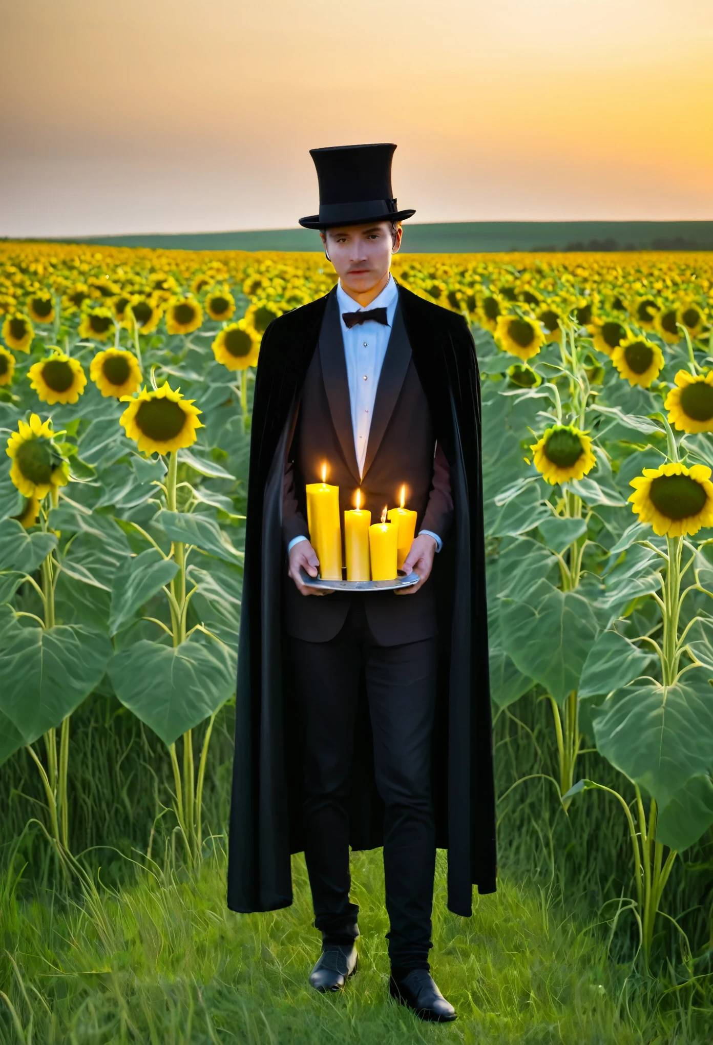 man in a cape and top hat holding yellow candles in a field of sunflowers
