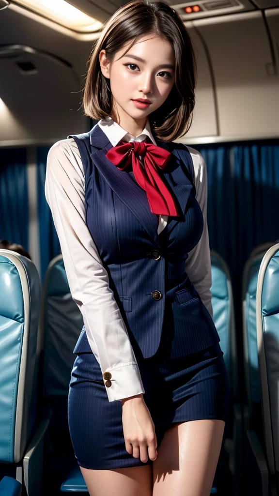 ((飛行機内ビジネスクラスのflight attendant席))、18-year-old、beauty、flight attendant、Cabin attendant、stewardess、Excellent style、Short Bob、straight、Brown Hair、(Captivating big boobs:1.3)、(Moisturizing lips:1.5)、(((Realistic uniforms)))、Stylish striped square scarf、Tight-fitting uniform、(The Absolute Realm of Enchantion)、(Fine hand:1.3)、(Detailed face)、(Perfect ???????)、(Brighten the shadow contrast)、(Professional Cinema Lighting)、(Facial lighting)、(Hmph++:1.10)、(Ultra-high resolution)、(highest quality)、(Improvement of quality)、(Very detailed)、(Accurate Color)、(Photorealistic)、(Looking at the camera:1.5)
