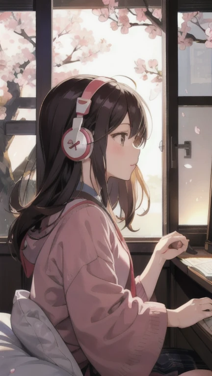 A beautiful girl studying in her room while listening to music with headphones、Outside the warmly lit room, cherry blossoms are blowing wildly.、Japanese anime style