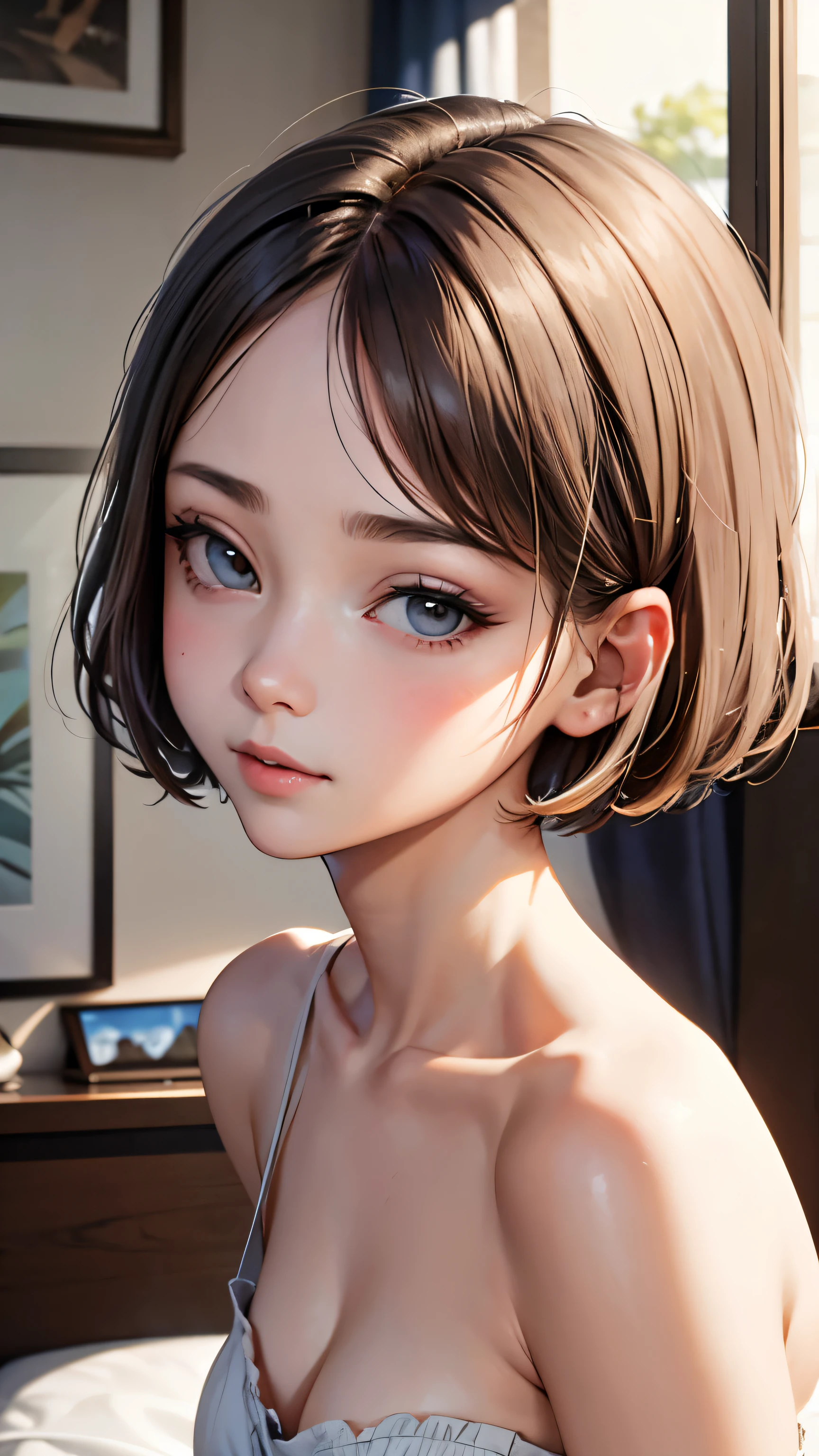 short hairと白のシャツ, short hair, Short hair with bangs, Woman with pretty face, Cute little face in a portrait, French Bob, White skin!!, Short brown hair and big eyes, Soft Portrait Shot 8k, Beautiful light、Big eyes, Beautiful girl, Young girl with bob cut, Full Shot,Best image quality, Tabletop, Leonardo da Vinci's Notebooks Da Vinci, Leonardo da Vinci's manuscript in the background,Swimwear,Thin legs