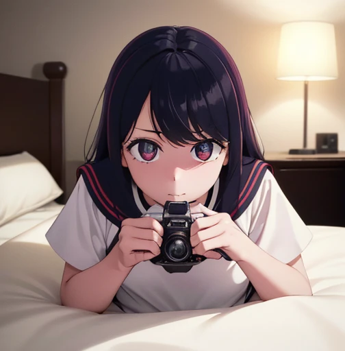 (unity 8k wallpape),(best quality),(high resolution),(ultra-detailed),(perfect anatomy),(beautiful detailed eyes),1girl,(Dimly lit motel room),((Sit on the bed:1.3)),Bedside table,((Three one-dollar bills on the bedside table)),　　　　　　　　　　BREAK Bought Girl,15yo,blackhair,,Sailor suit,White socks, body,Holding a frankfurter in both hands,Sit well behaved,A tense look,Look down,The eyes are looking at me,Photograph the whole body,　　　　　　BREAK There are three coins on the table,Also put dildos,Camera for taking pictures,