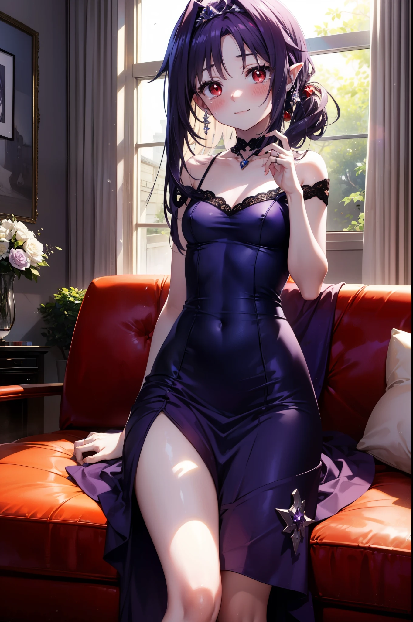 yuukikonno, Konno Yuuki,Long Hair, tiara,Pointed Ears, Purple Hair, (Red eyes:1.5), (Small breasts:1.2), smile,Purple Dress,Purple Long Skirt,Purple stiletto heels,Sleeveless,Expose your shoulders,Bare arms,Bare neck,bare clavicle,She is wearing a wedding ring on the ring finger of her left hand.,Heart Necklace,Tears stream down her face,Tears of joy,I cry a lot,There is a cake on the table,There is a box with a ribbon on it on the sofa.,Sitting on the sofa,ロマンチックなroom,Romantic night view,moonlight,
break inoors, room,Party Venue,
break looking at viewer, (Cowboy Shot:1.5),
break (masterpiece:1.2), highest quality, High resolution, unity 8k wallpaper, (shape:0.8), (Beautiful details:1.6), Highly detailed face, Perfect lighting, Extremely detailed CG, (Perfect hands, Perfect Anatomy),