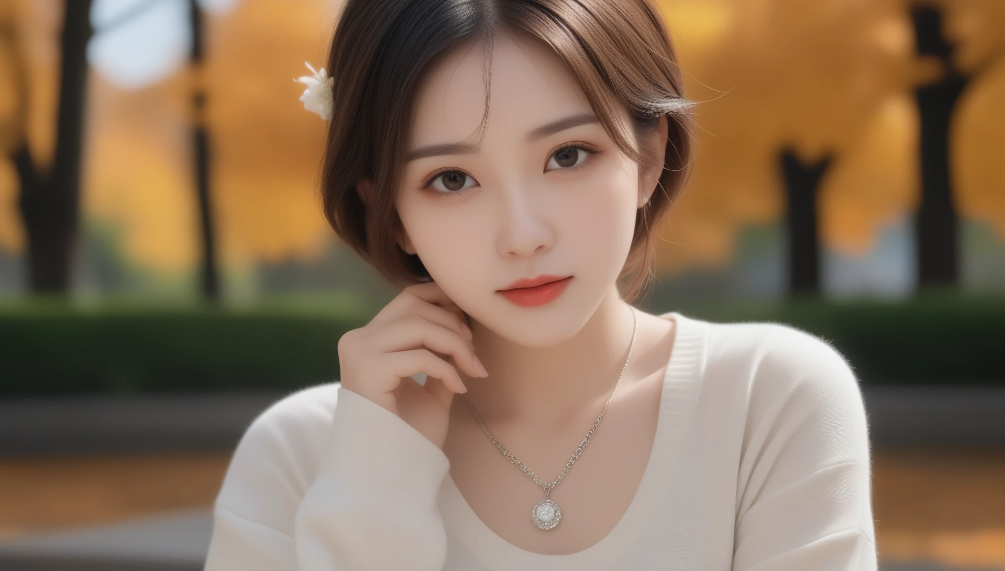 8K, Ultra-high resolution, highest quality, masterpiece, Surreal, photograph, 1 girl, (:1.3), pretty girl, Cute face, Beautiful eyes in every detail,masterpiece,highest quality, Tabletop, 超A high resolution, (Photorealistic: 1.4), One woman, looking at the camera, Fashionable autumn clothes, Japanese women, 34 years old,Luxury Bags, Luxury Watches, Famous Brand Autumn Goods,Domestic travel（Fukuoka）,Traveling alone,Brown Hair,Short-haired,necklace、Glamour,Amorous,,Bold Pose、Look at the audience、beauty,Long neck、Smile a little、Please close your mouth and laugh、(((Ideal body proportions))),A cup small breasts :2,、Portraiture:2、Perfect Anatomy、Vivid details、detailed、Surreal、Light and shadow,Strong light,Fashion magazine cover,Thin lips