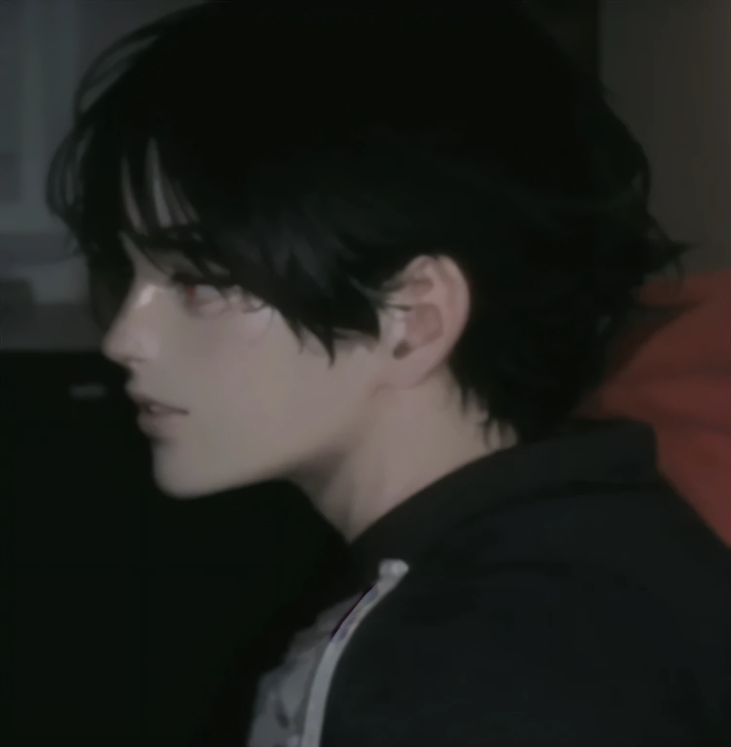 boy, long hair sticking out to the sides, mole on face, Red eyes, leather jacket