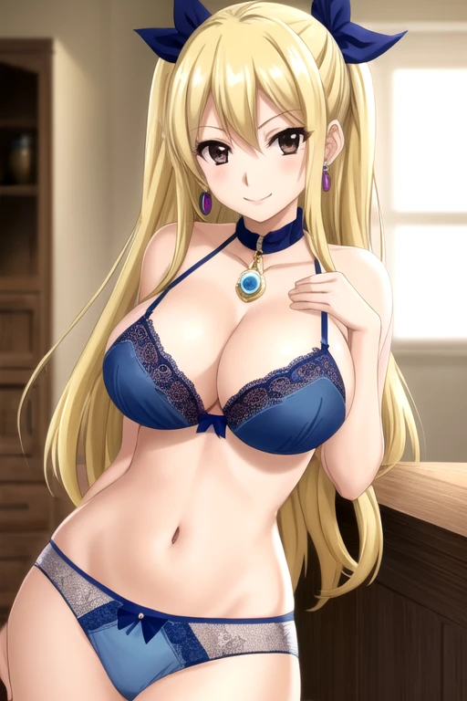 Lucy Hartfilia, 1 Girl, Solitary, Blonde hair, Brown eyes, Long hair, earrings, jewelry, Smile, hair black ribbon, blue underwear,blue lace, blue bra, blue underwear, blue lingerie
