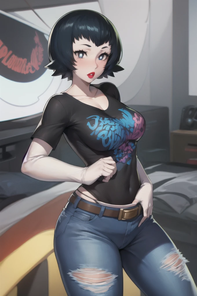 masterpiece, best quality, pkmnLana, white pupils, 1girl, solo, standing, black t-shirt, white shirt, blue jeans, belt, lipstick, large breasts, layered sleeves