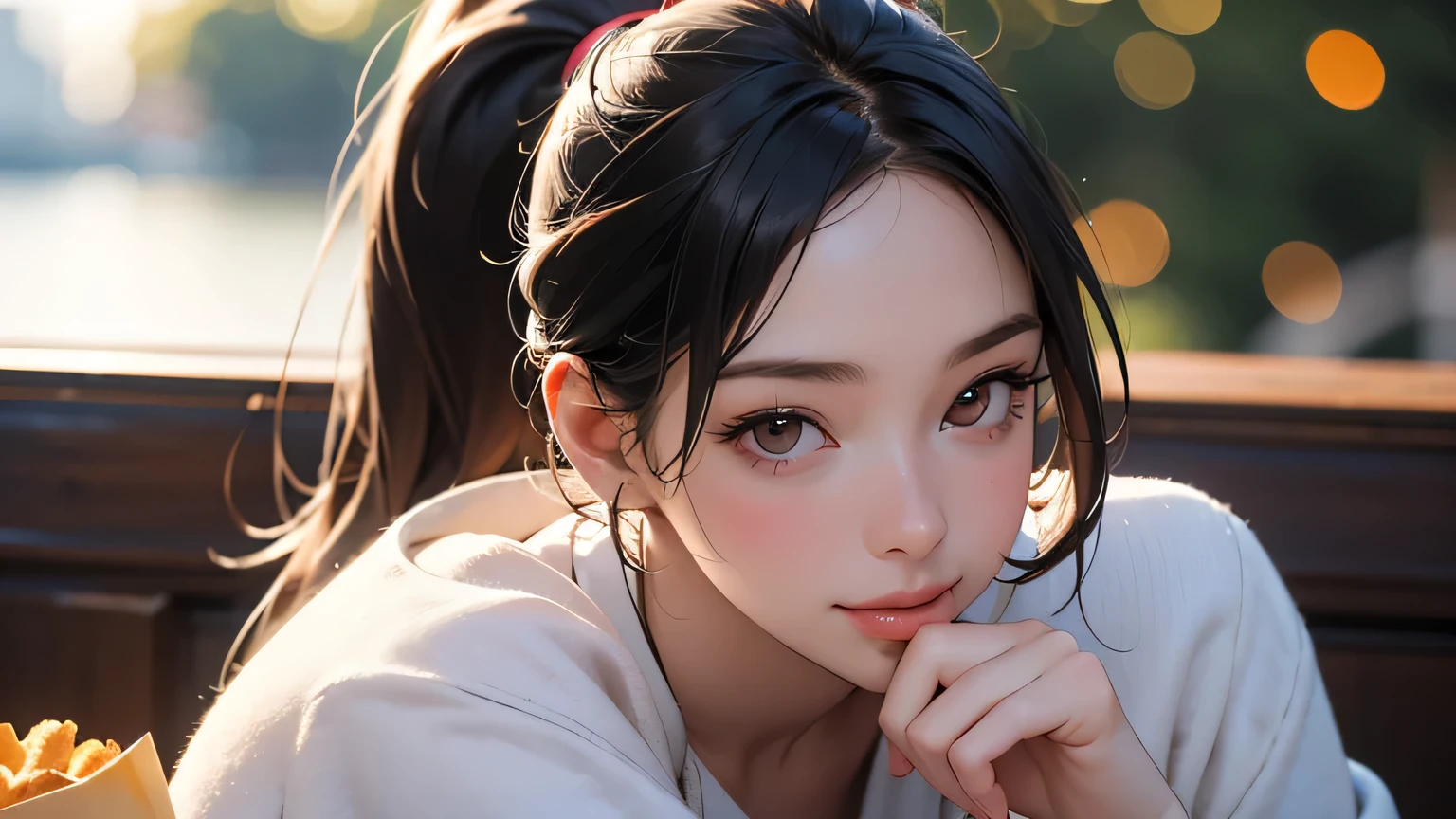 8k, highest quality, super high resolution, 1 woman, ponytail, 21 years old, E cup, (with a girl), holding fries in hand, hamburger, highest quality beautiful girl, outdoors, whole body, mouth slightly open , realistic, highly detailed CG integrated 8k wallpaper, highly detailed, high resolution RAW color photography, professional photography, realistic portrait, cinematic light, beautiful and detailed woman, 21 years old, (D Cup: 1.1), (Highest quality: 1.4), Super detail, High quality, , City scenery, ((Masterpiece)), Highest quality, Upper body, Japanese woman, 1 girl, Smile, Smile (Masterpiece), ( highest quality), (highly detailed), produces images of girls (masterpiece: 1.2, highest quality), (realistic, photorealistic: 1.4), beautiful illustrations, (natural side lighting, movie lighting) , Viewer Attention, View Viewer, (Best Quality, High Resolution, Highly Detailed), Eating a Hamburger, Black Hair, Ponytail, Brown Eyes, French Fries, Hamburger, , Bokeh Background, Depth of Field, , Table