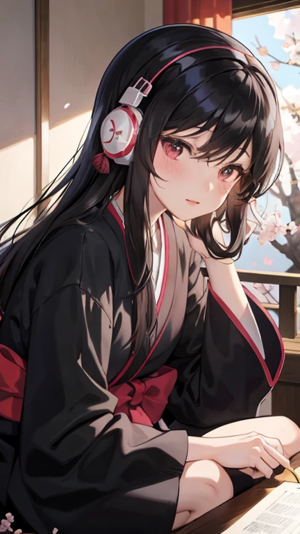 A beautiful black-haired girl studying in her room while listening to music with headphones、Outside the warmly lit room, cherry blossoms are blowing wildly.、Japanese anime style
