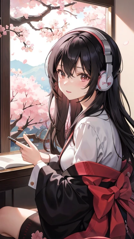 A beautiful black-haired girl studying in her room while listening to music with headphones、Outside the warmly lit room, cherry blossoms are blowing wildly.、Japanese anime style