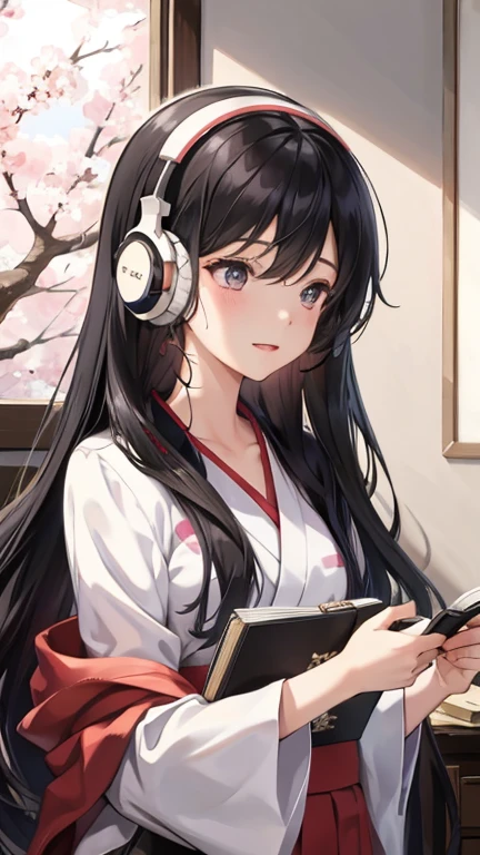 A beautiful black-haired girl studying in her room while listening to music with headphones、Outside the warmly lit room, cherry blossoms are blowing wildly.、Japanese anime style