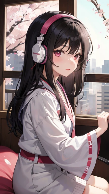 A beautiful black-haired girl studying in her room while listening to music with headphones、Outside the warmly lit room, cherry blossoms are blowing wildly.、Japanese anime style
