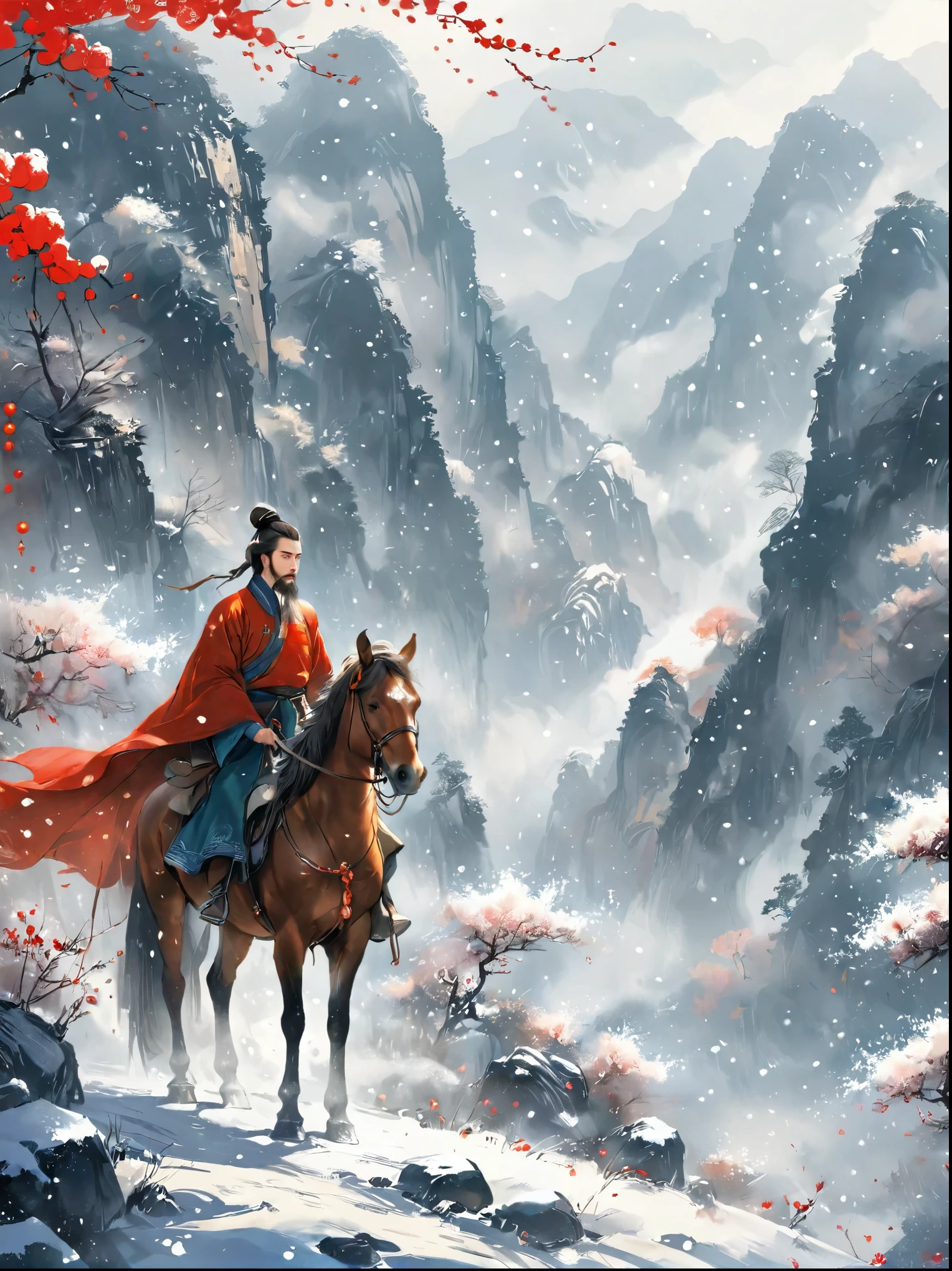 Masterpieces，Highest quality，Fine details，Chinese style，Peerless Beauty，delicate and charming，heavy snow，Lead the horse，wilderness，Red Cape，Hanfu，winter，Northern scenery，Yanzhi grows snow and flowers，The eyebrows are haggard and the beard is not，Movie Light，Dramatic perspective，diagonal composition，Close-up，Film Grain