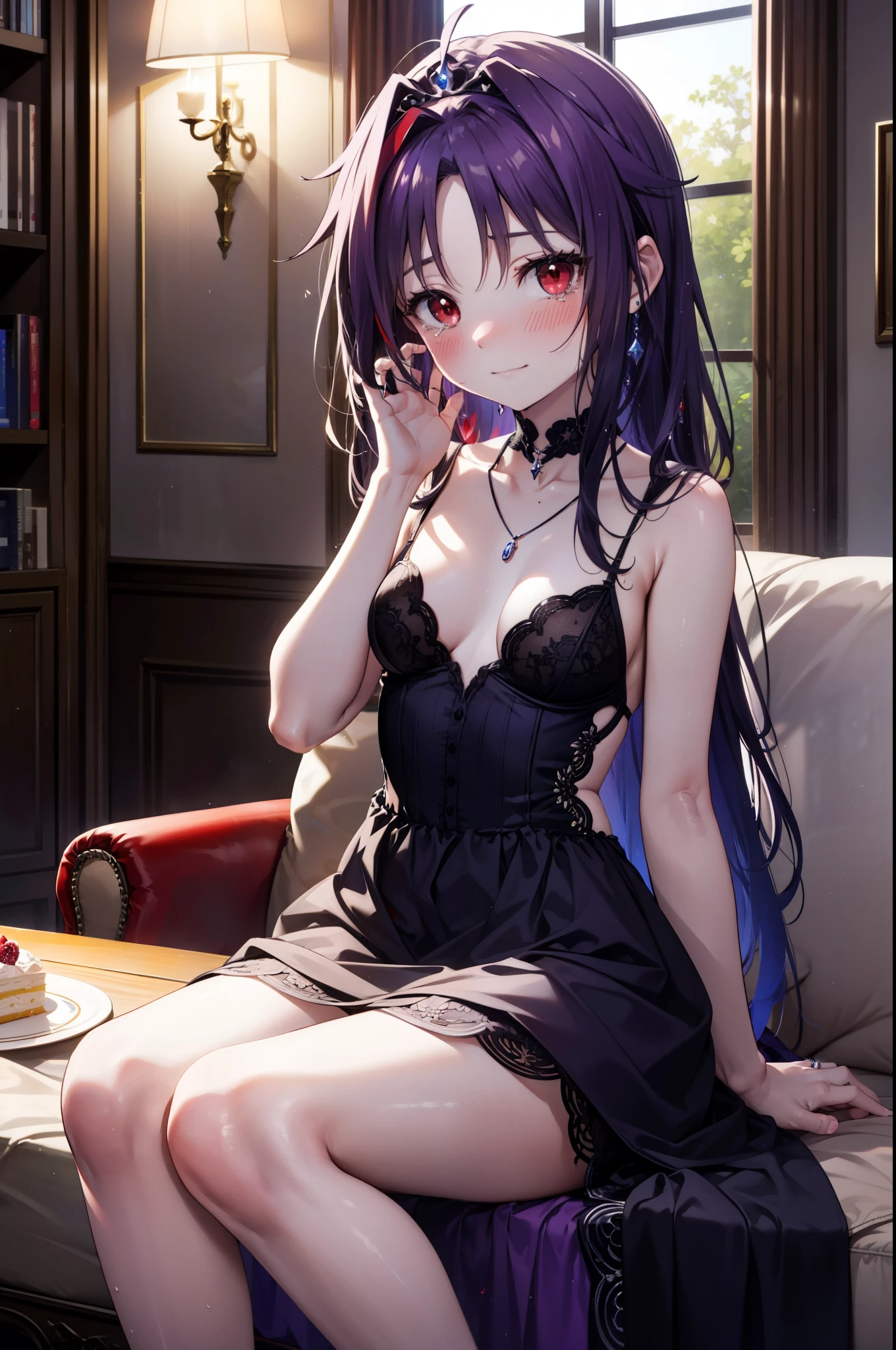 yuukikonno, Konno Yuuki,Long Hair, tiara,Pointed Ears, Purple Hair, (Red eyes:1.5), (Small breasts:1.2), smile,Purple Dress,Purple Long Skirt,Purple stiletto heels,Sleeveless,Expose your shoulders,Bare arms,Bare neck,bare clavicle,She is wearing a wedding ring on the ring finger of her left hand.,Heart Necklace,Tears stream down her face,Tears of joy,I cry a lot,There is a cake on the table,There is a box with a ribbon on it on the sofa.,Sitting on the sofa,ロマンチックなroom,Romantic night view,moonlight,
break inoors, room,Party Venue,
break looking at viewer, (Cowboy Shot:1.5),
break (masterpiece:1.2), highest quality, High resolution, unity 8k wallpaper, (shape:0.8), (Beautiful details:1.6), Highly detailed face, Perfect lighting, Extremely detailed CG, (Perfect hands, Perfect Anatomy),