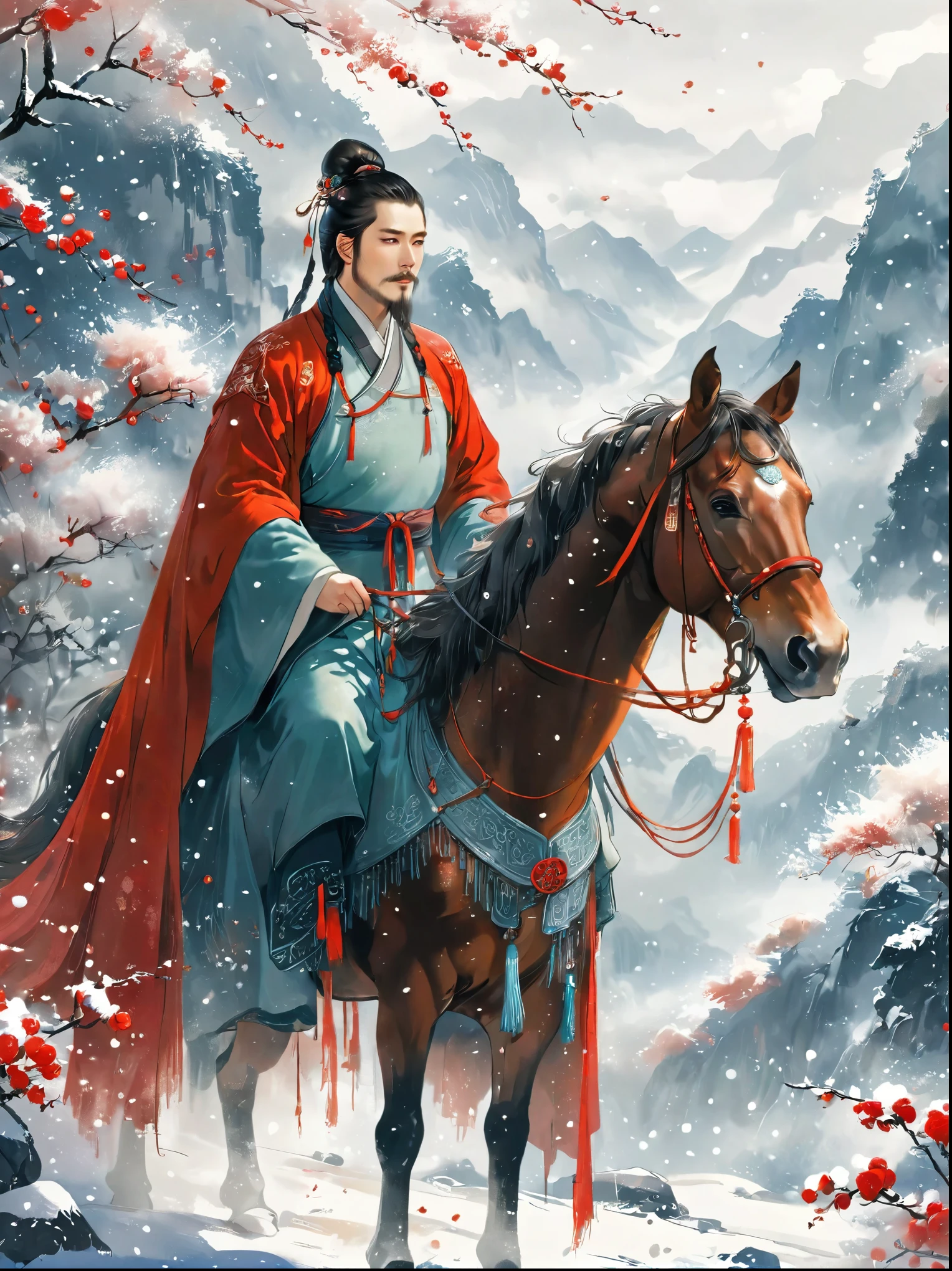 Masterpieces，Highest quality，Fine details，Chinese style，Peerless Beauty，delicate and charming，heavy snow，Lead the horse，wilderness，Red Cape，Hanfu，winter，Northern scenery，Yanzhi grows snow and flowers，The eyebrows are haggard and the beard is not，Movie Light，Dramatic perspective，diagonal composition，Close-up，Film Grain