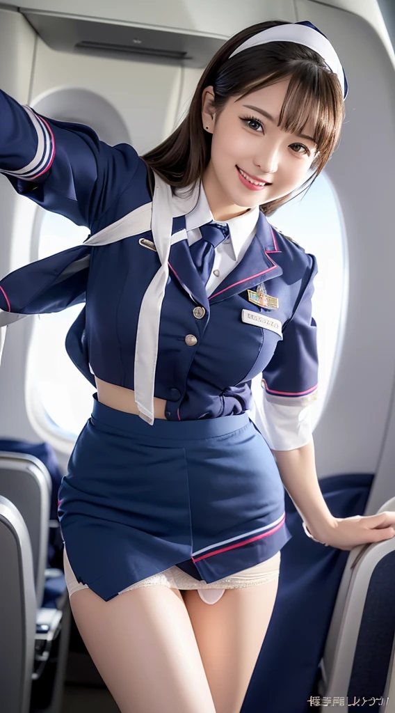 highest quality, masterpiece, 8k, 超A high resolution, (Photorealistic:1.4), One Girl、Beautiful Face、Symmetrical eyes、huge 、Perfect Body Proportions、Stewardess Uniform、Look at the viewers、(Inside the plane:1.2)、View from the front、shoulder、Absolute area(1.3)、Laughter Sexy uniform ((Amazing super short micro mini skirt)) ((The shortest and ultimate micro mini skirt:1.3)) ((Micro mini skirt for sex))(huge tits) (((Stewardess invites you to sex:1.3)))((Lift up your skirt and show me your panties))((Stewardess sex:1.3)) ((No pants))