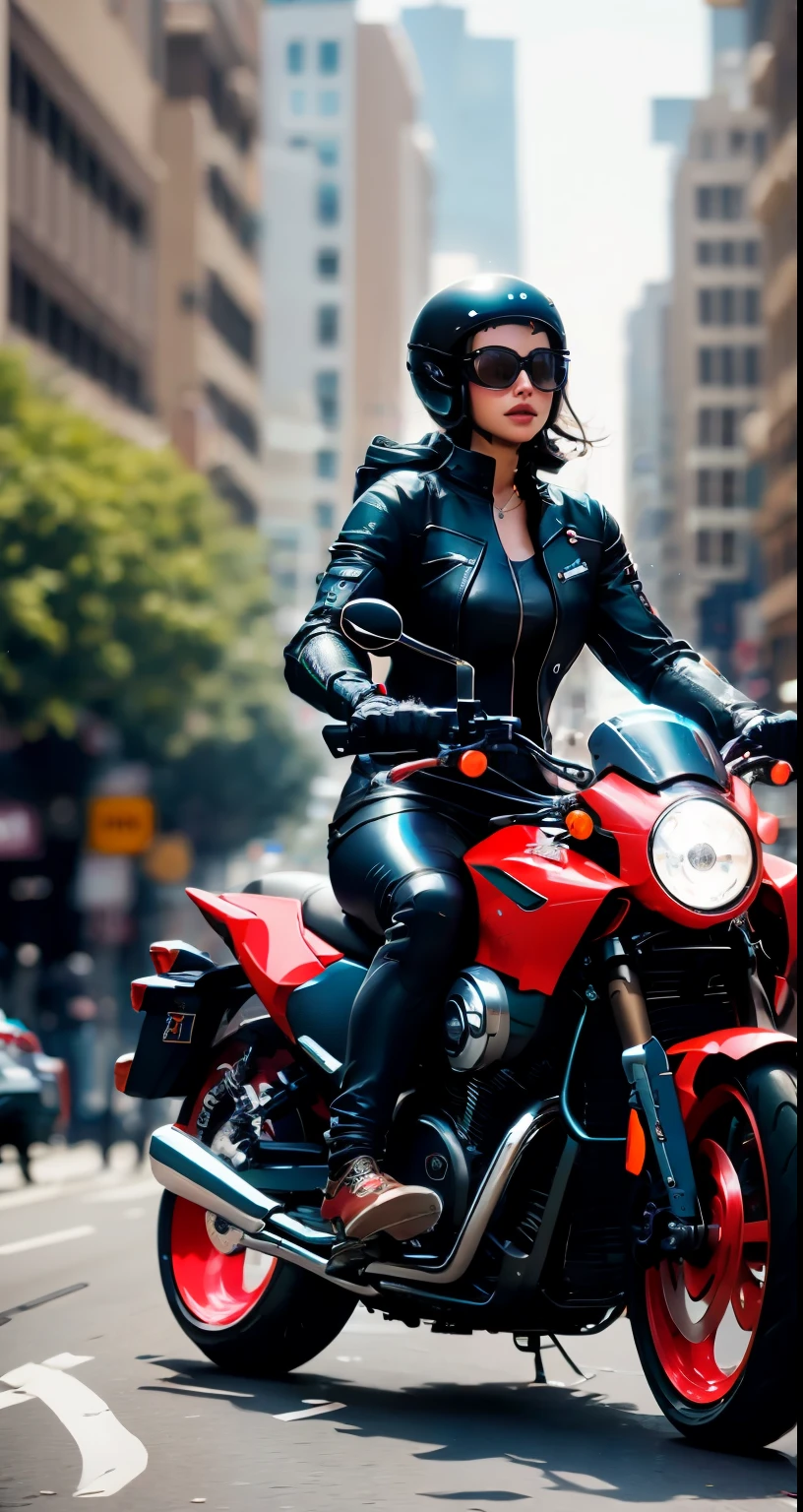 A female cyborg riding a high-tech motorcycle on the street