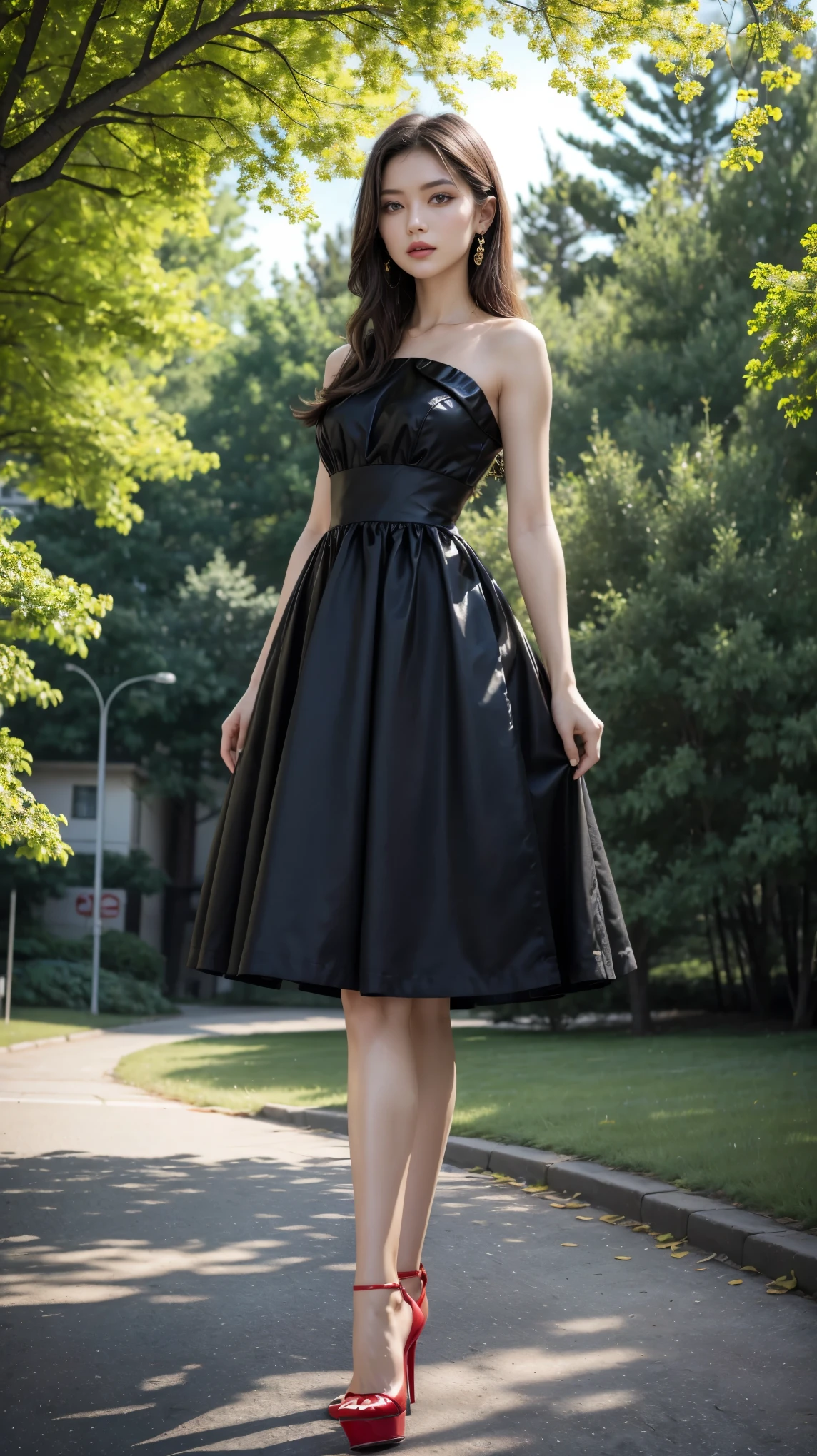 highest quality,masterpiece,Ultra-high resolution,(Actual:1.4),Original photo,Ultra-high resolution,8k,There are also women,Fair skin,Sunshine yellow and cool black collaboration dress:1.5,High heels,Long legs:1.5,Bright and beautiful,high waist,Flashy makeup using red eyeshadow,