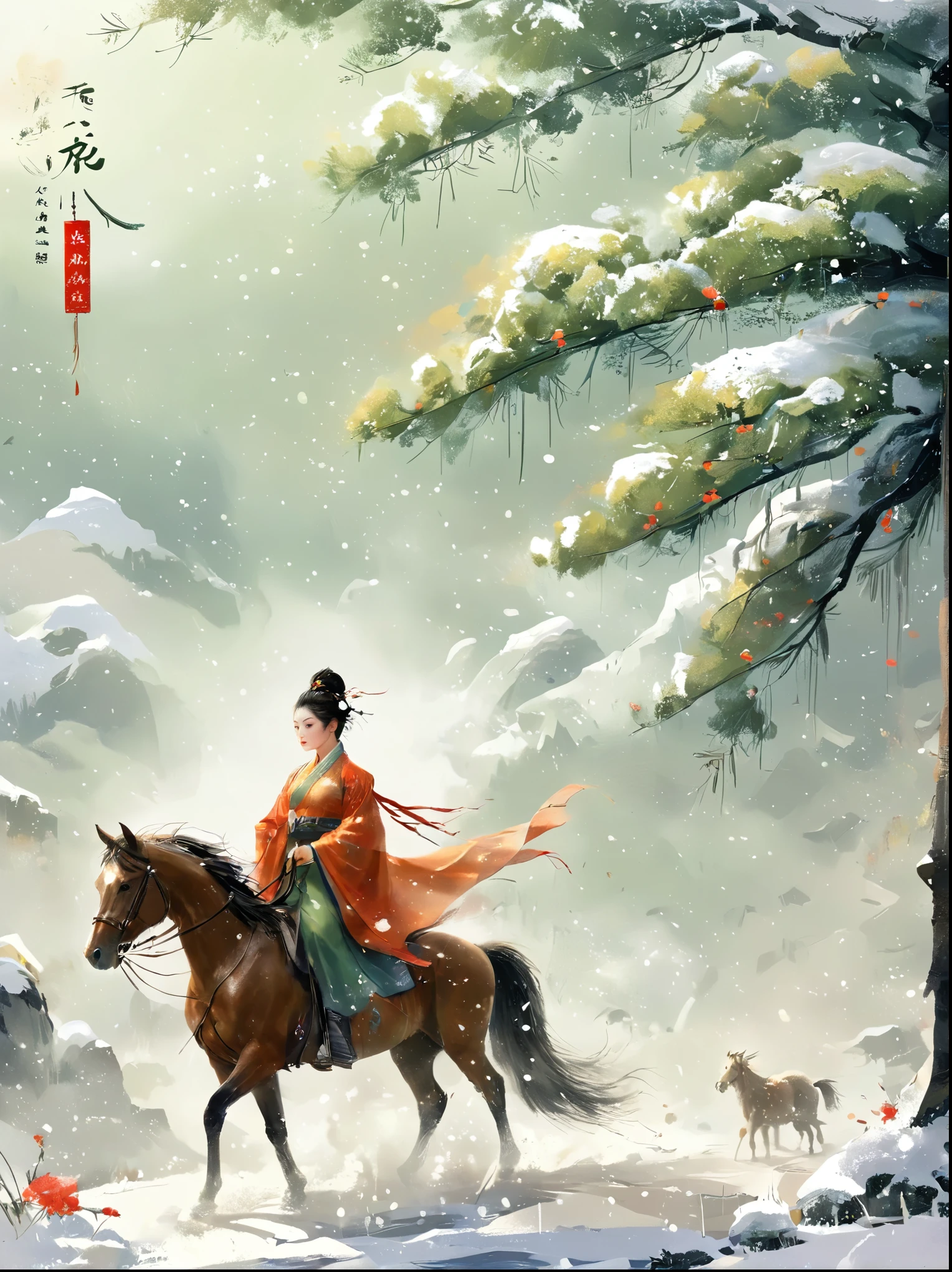 Masterpieces，Highest quality，Fine details，Chinese style，Peerless Beauty，delicate and charming，heavy snow，Lead the horse，wilderness，Red Cape，Hanfu，winter，Northern scenery，Yanzhi grows snow and flowers，The eyebrows are haggard and the beard is not，Movie Light，Dramatic perspective，diagonal composition，Close-up，Film Grain