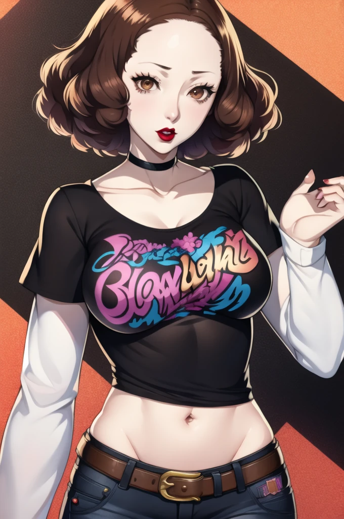 Haru okumura, brown hair, 1girl, solo, standing, black t-shirt, white shirt, jeans, belt, lipstick,large breasts