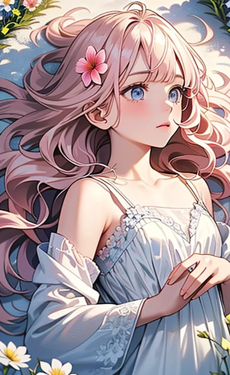 (masterpiece:1.4、top-quality、illustration:,realistic、)、(character focus、,cowboy shot:1.3)、(1girl),(clear face:1.3),(),cute face,blue eyes、(tareme:1.3)、(from above),
(Lying in a flower field:1.4),(on side)、
(pink blonde hair),(very long hair:1.5)、
,(Flower Field:1.3、Flower storm:1.3),(white camisole dress:1.5),
(blunt bangs),(volumey,sidelocks,wavy hair:1.3), (small breasts)、
、slender、