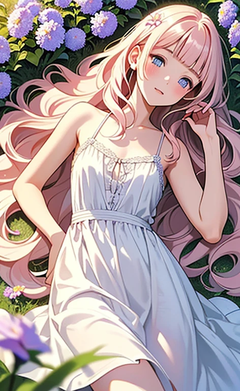 (masterpiece:1.4、top-quality、illustration:,realistic、)、(character focus、,cowboy shot:1.3)、(1girl),(clear face:1.3),(),cute face,blue eyes、(tareme:1.3)、(from above),
(Lying in a flower field:1.4),(on side)、
(pink blonde hair),(very long hair:1.5)、
,(Flower Field:1.3、Flower storm:1.3),(white camisole dress:1.5),
(blunt bangs),(volumey,sidelocks,wavy hair:1.3), (small breasts)、
、slender、